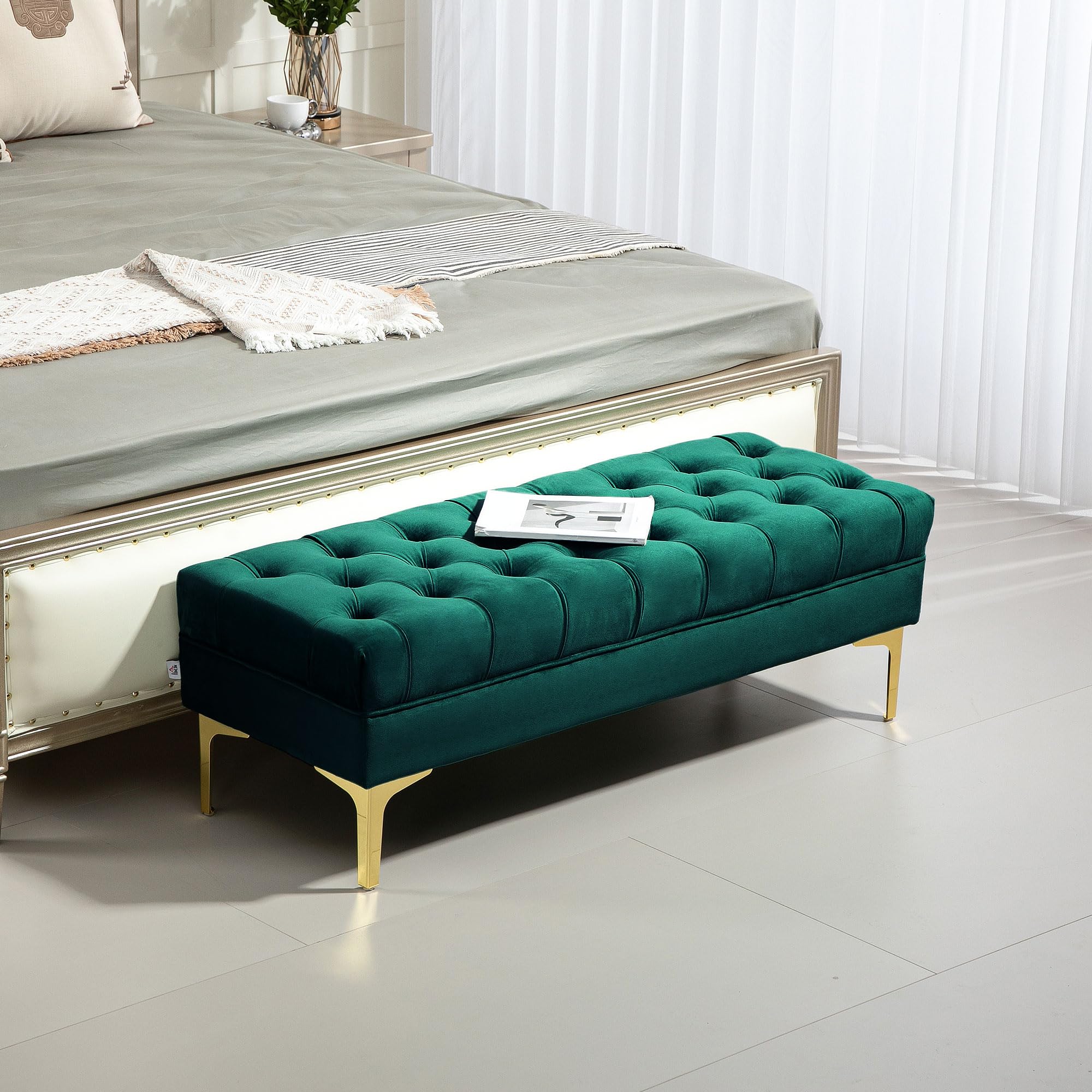 HOMCOM Panca Camera da Letto con Rivestimento Trapuntato, Panca Imbottita in Velluto con Gambe in Metallo per Ingresso, Corridoio e Soggiorno, 118x45x42 cm, Verde Scuro