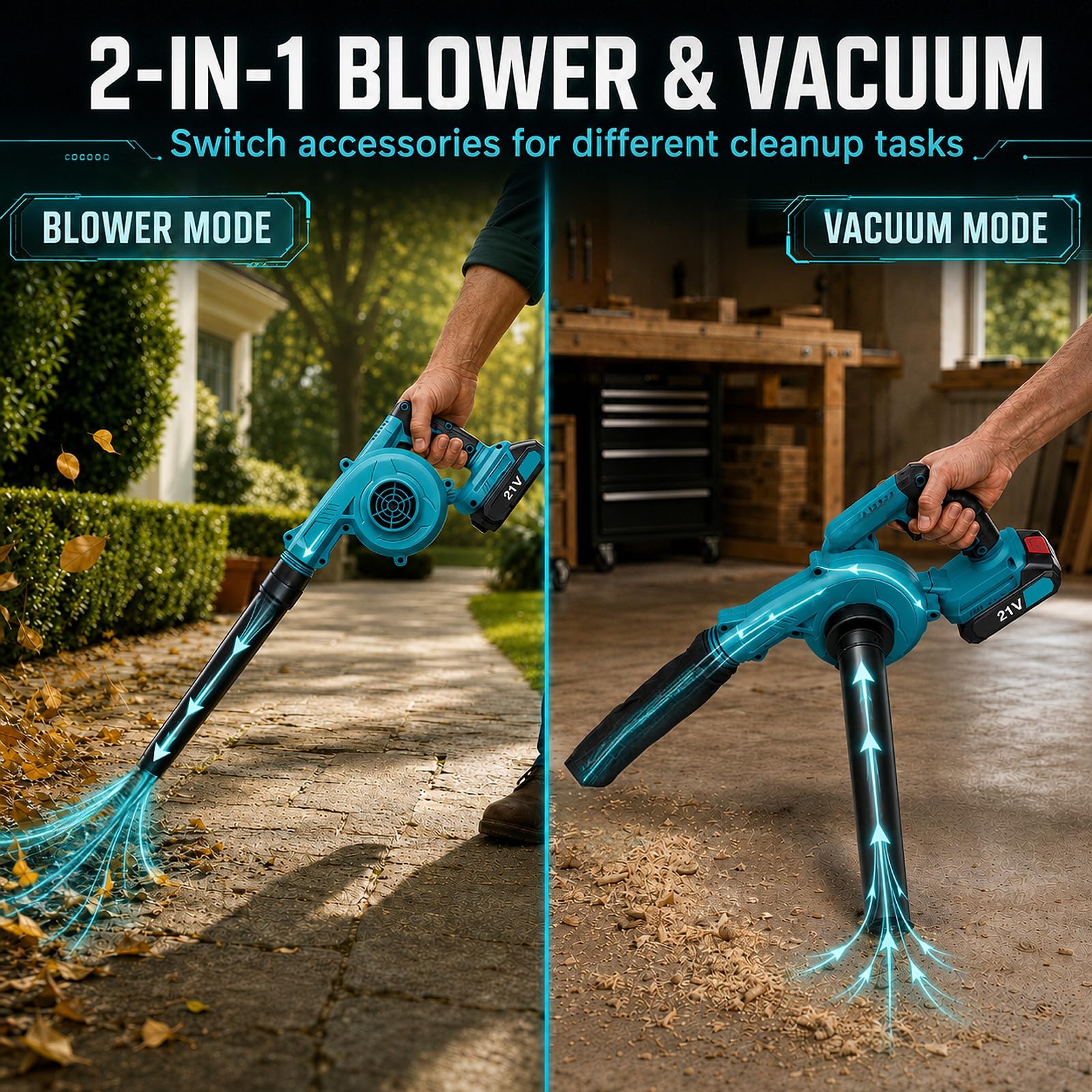 Soplador de hojas inalámbrico, 2 en 1 soplador de batería con función de eliminación de polvo, 2 baterías de 3,0 Ah, 19500 RPM, soplador eléctrico para jardín, terraza, coche