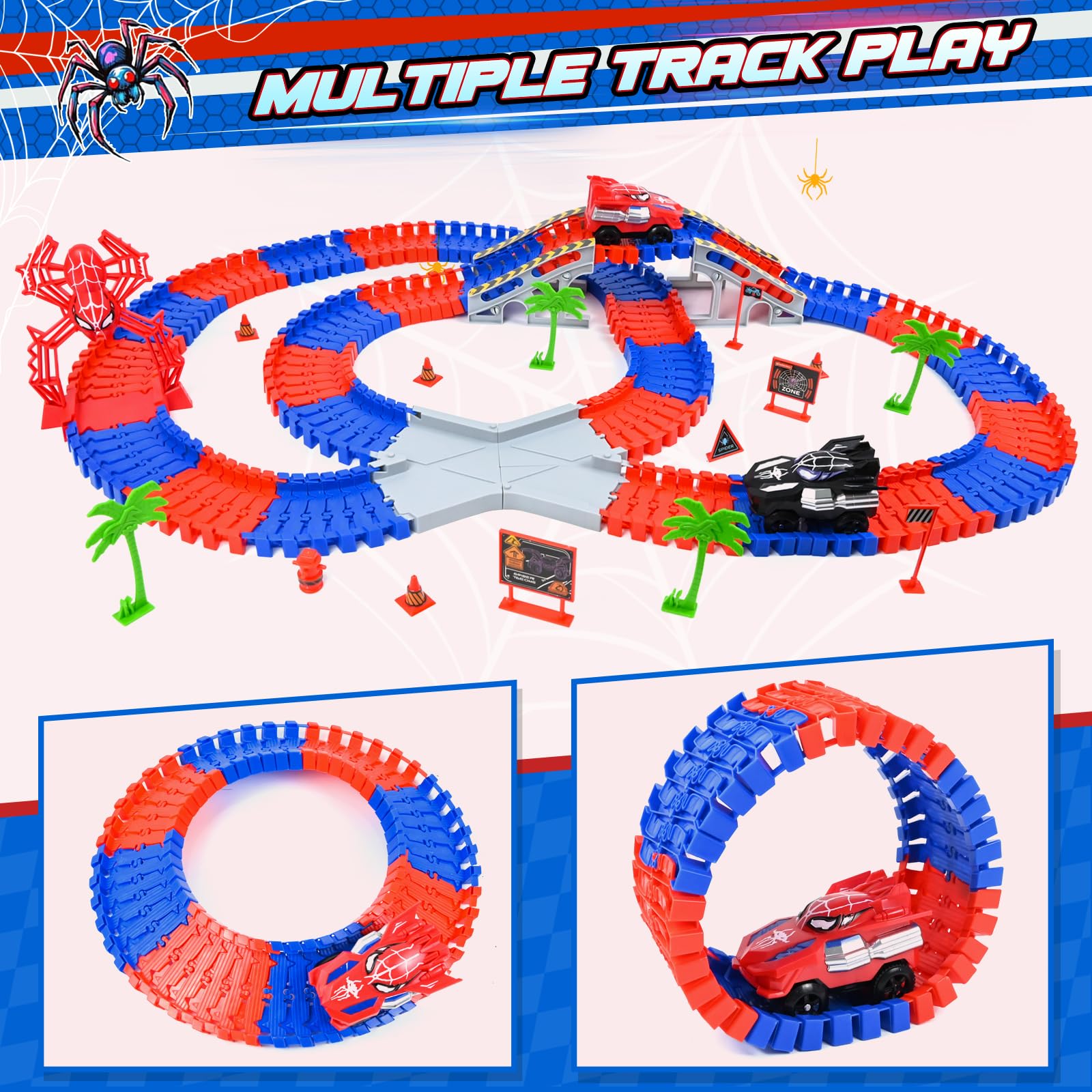PATEMZON Circuito de Carreras, Pista Spider, Circuito Pista Coches De Juguetes 2 Vehículos, 208 PCS Circuito de Carreras Flexible de 360, Juguetes de Carreras para Niños Mayores de 3 Años