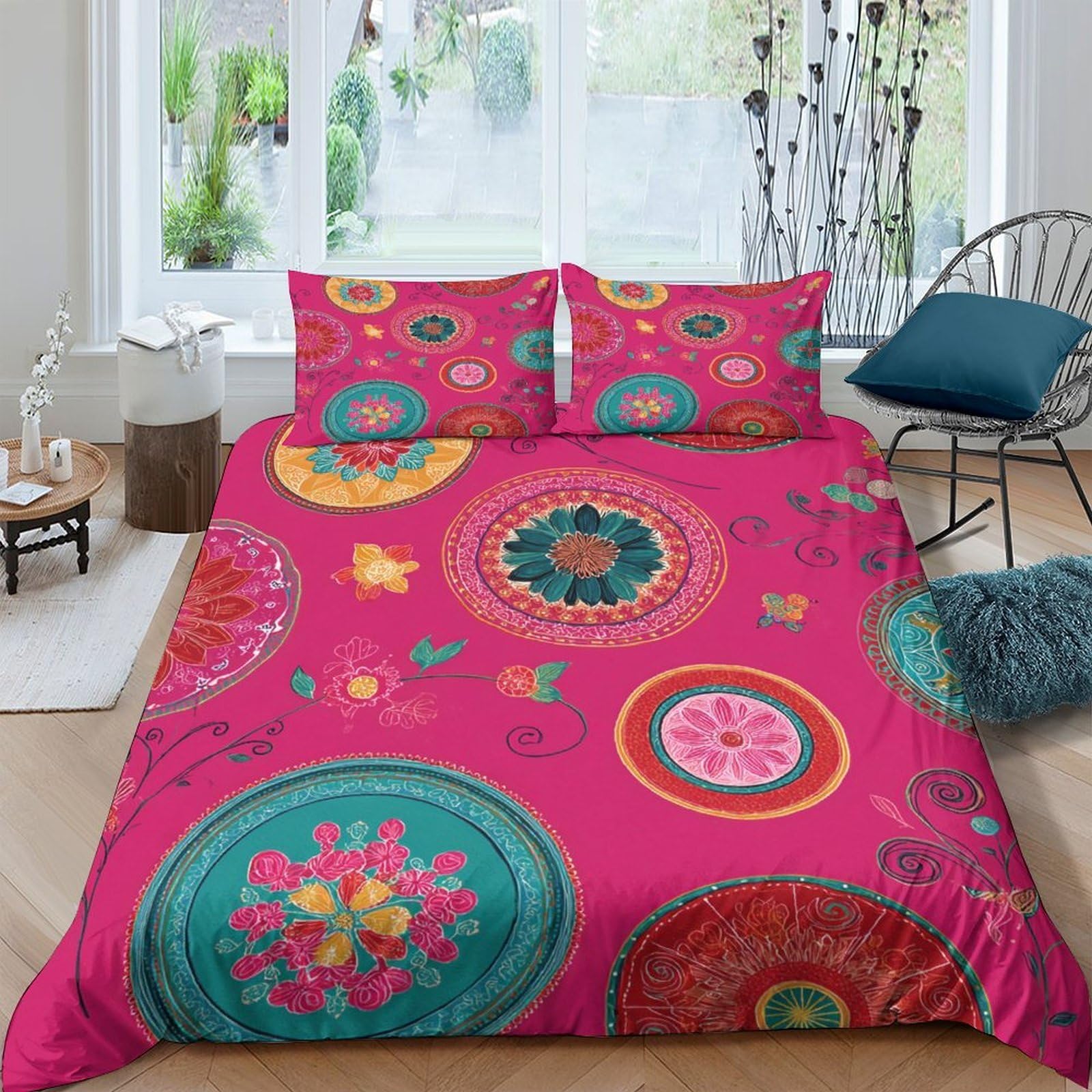 Ctjqhvkz Style-1 3D Printed Mandala Floral Fitted Sheet Microfiber Soft Pink Turquoise Bed Cover For Bedroom Guest Room Dorm Decor Single（135X200cm）