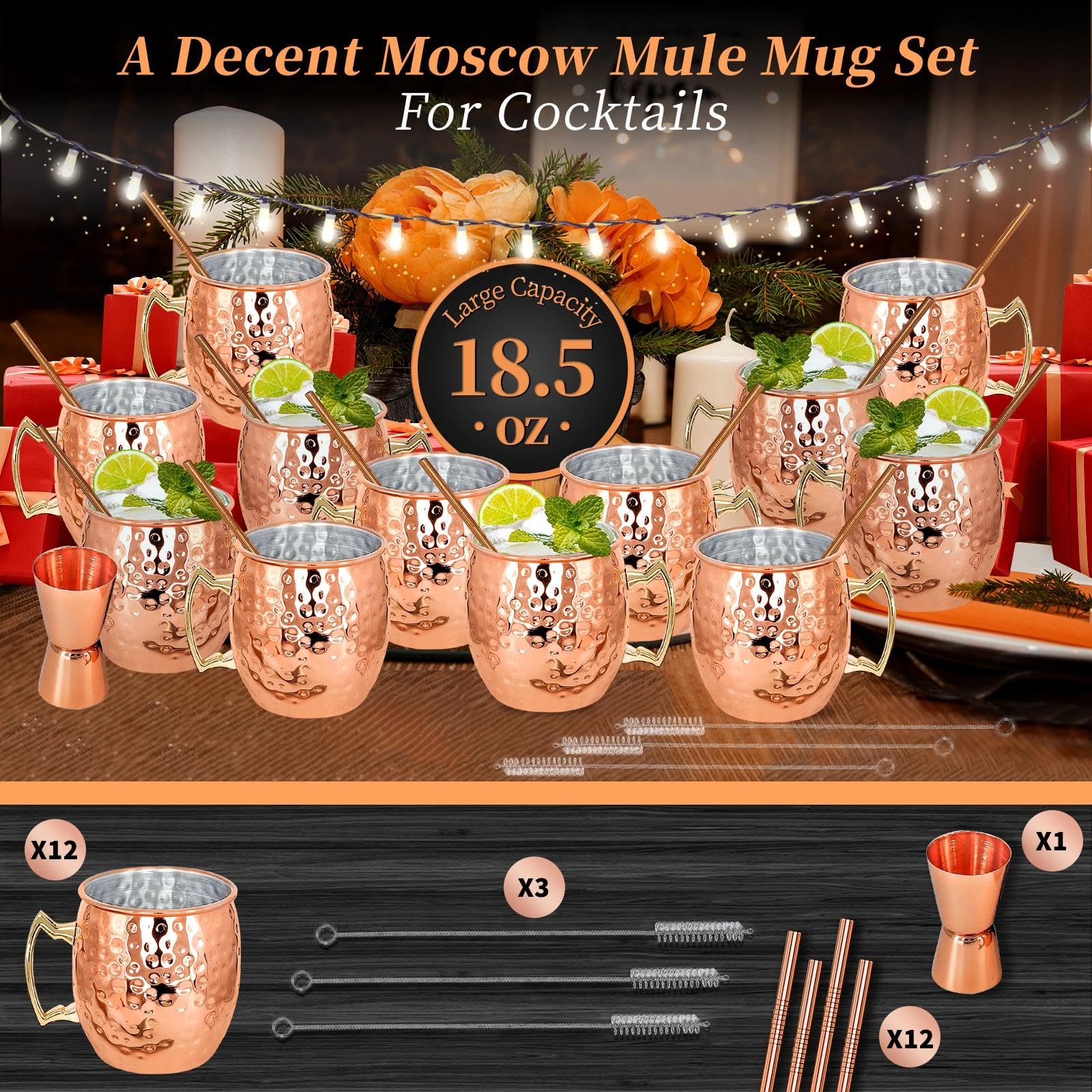 Moscow Mule, set di 12 tazze in rame placcato, 540ml, grandi tazze in acciaio inox martellato, con 1 misurino doppio da 30ml, 12 cannucce in acciaio inox, per bevande fredde e cocktail