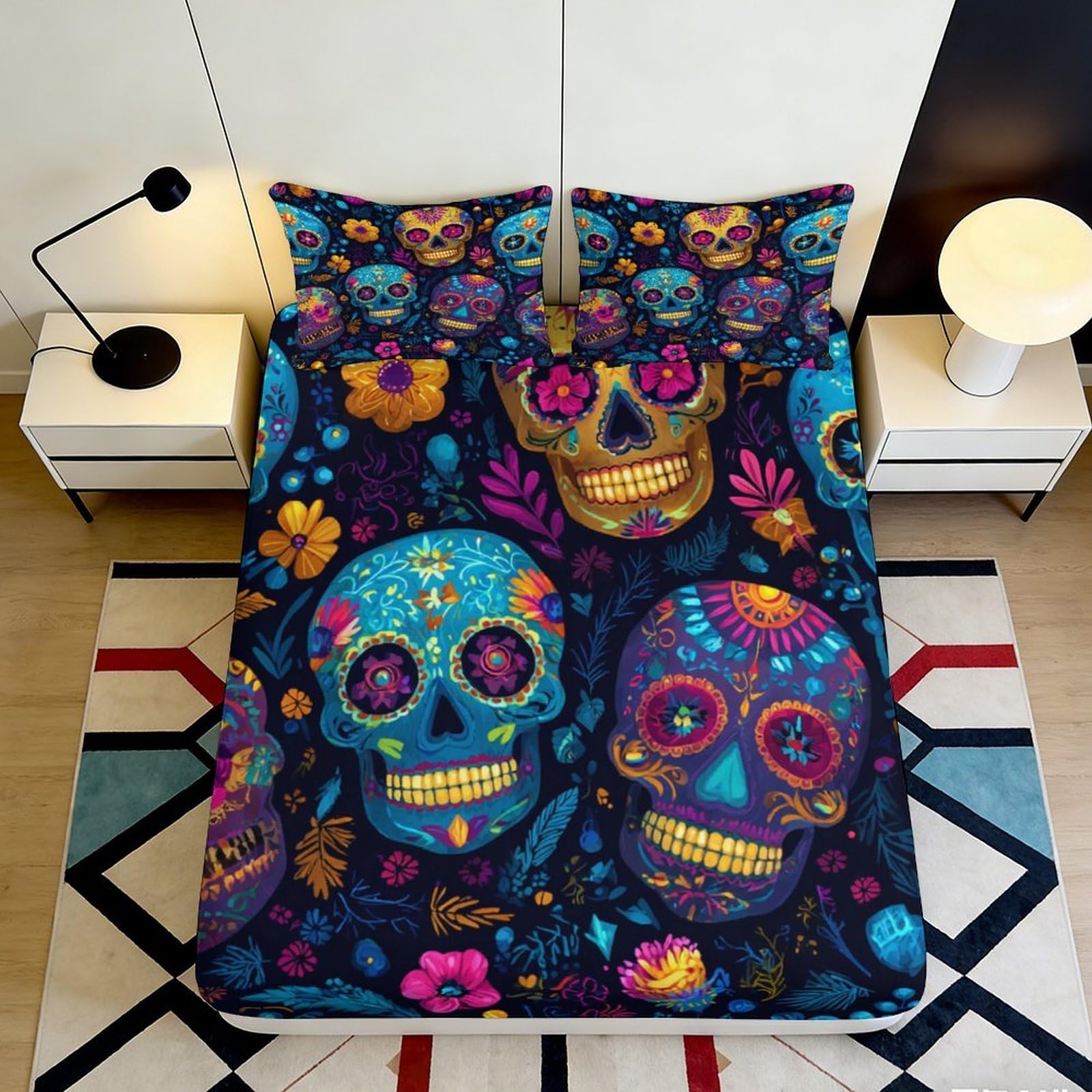 3D Printed Sugar Skull Fitted Sheet Microfiber Soft Vibrant Floral Mattress Cover for Bedroom Decor Dorm Room 90x200x25cm