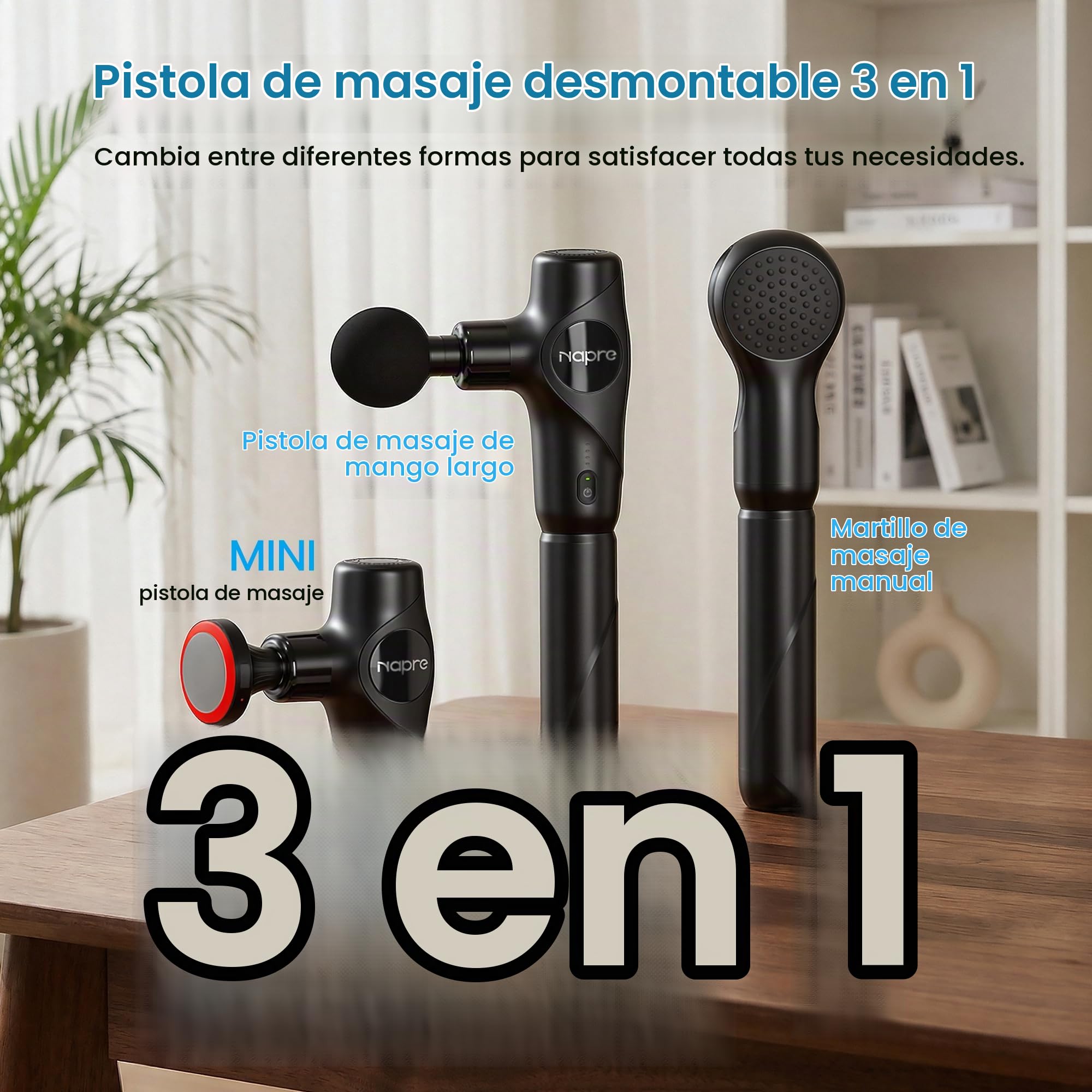 Pistola de Masaje Muscular Calor y Luz roja,NAPRE Mini Pistola Masaje Massage Gun con Mango Desmontable,5 Cabezales,Silencioso,Pistola Masajeadora Muscular Cervical y Espalda–Regalo Para Hombre,Mujer
