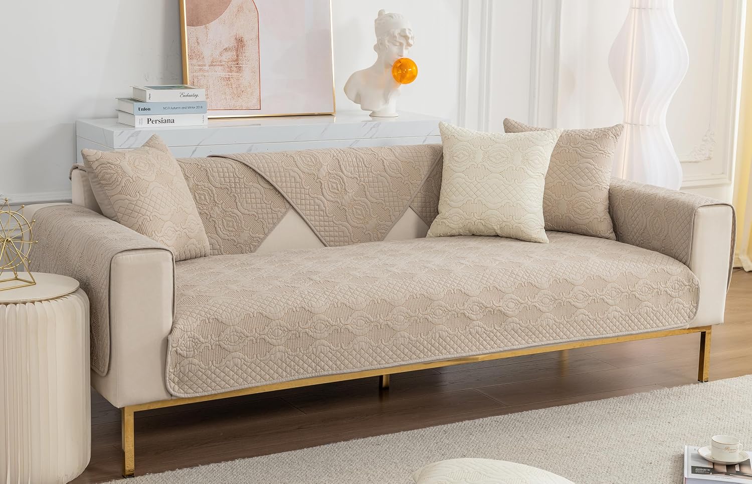 Modern Cotton Embroidery Sofa Cover Soft Farmhouse Seat Cushion Cover Quilted Sectional Couch Cover Anti-Slip Sofa Slipcovers Washable Furniture Protector for Dogs Cats Kids (Beige,28"x94")