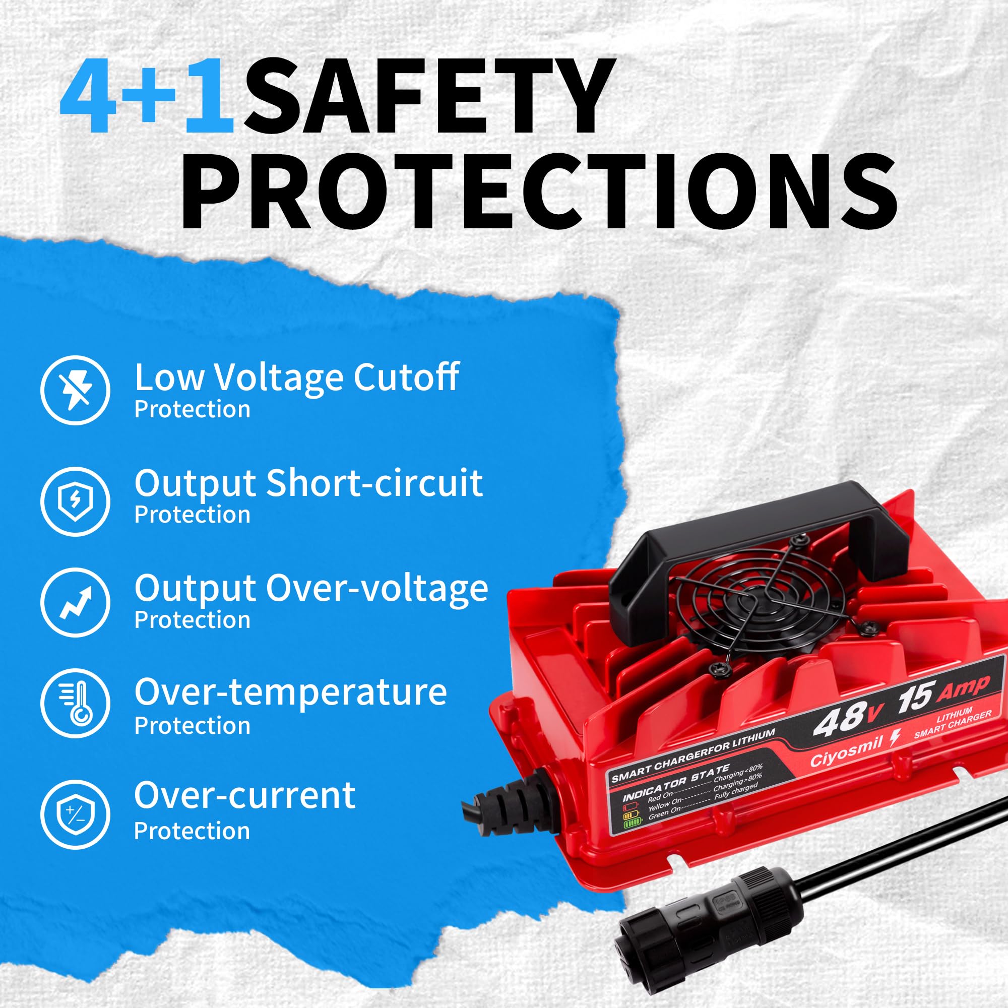 48V 15A Lithium Battery Charger, 58.4V 15A Lifepo4 Lithium Battery Chgarger,IP65 Waterproof, for 48V (51.2V) Litium Battery, Ideal for Golf Carts, Electric Outboards, Boats, and Home
