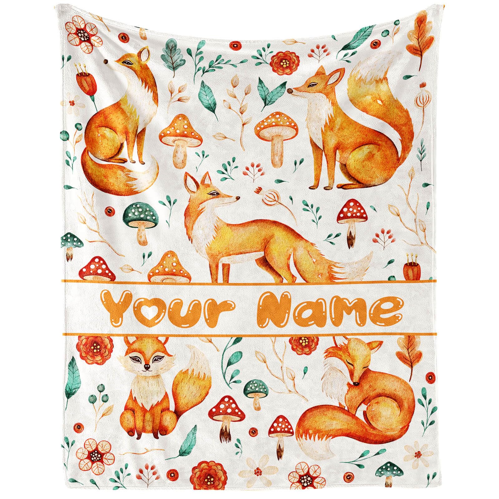Homieblanket Custom Fox Blanket with Name for Boys Girls, Personalized Cute Fox Themed Design Printed Throw Blankets for Kids Lap, Chair, Giftable