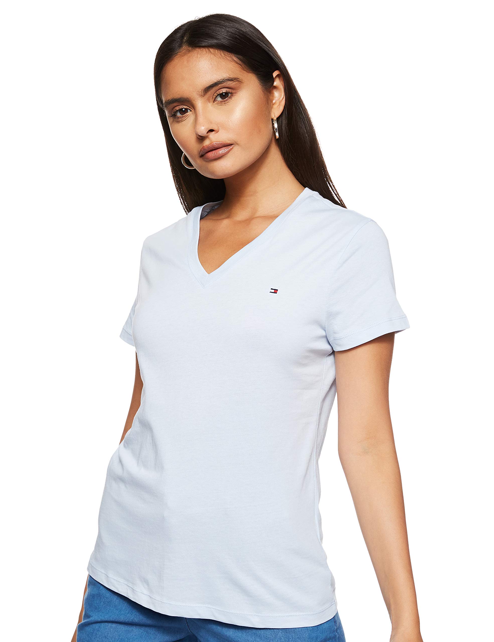 Tommy Hilfiger V-Neck T Camiseta de Manga Corta con Cuello de Pico y Logo en el Pecho para Mujer