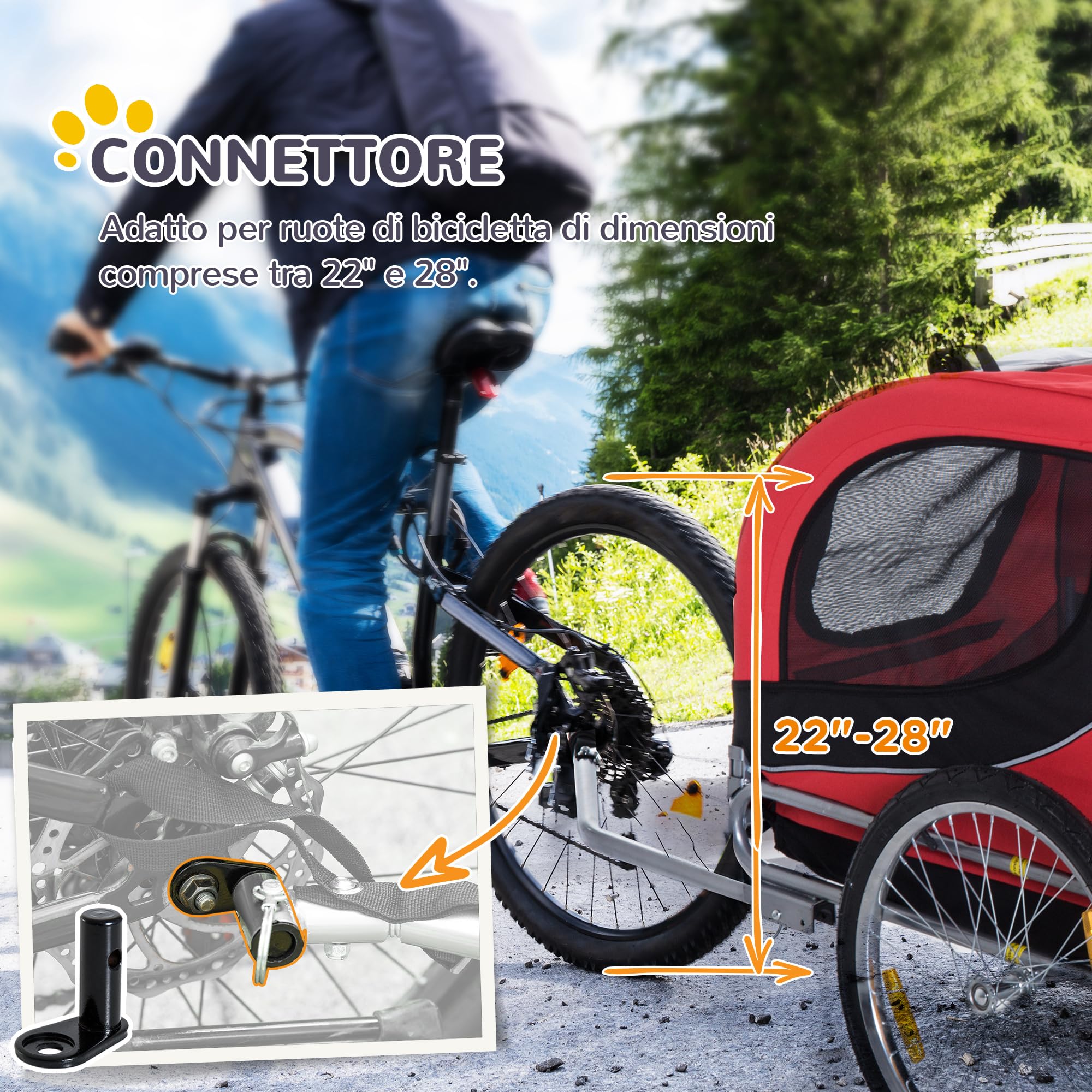 PawHut Carrellino Rimorchio per Cani Animali Domestici da Bicicletta 130 x 73 x 90cm Rosso e nero