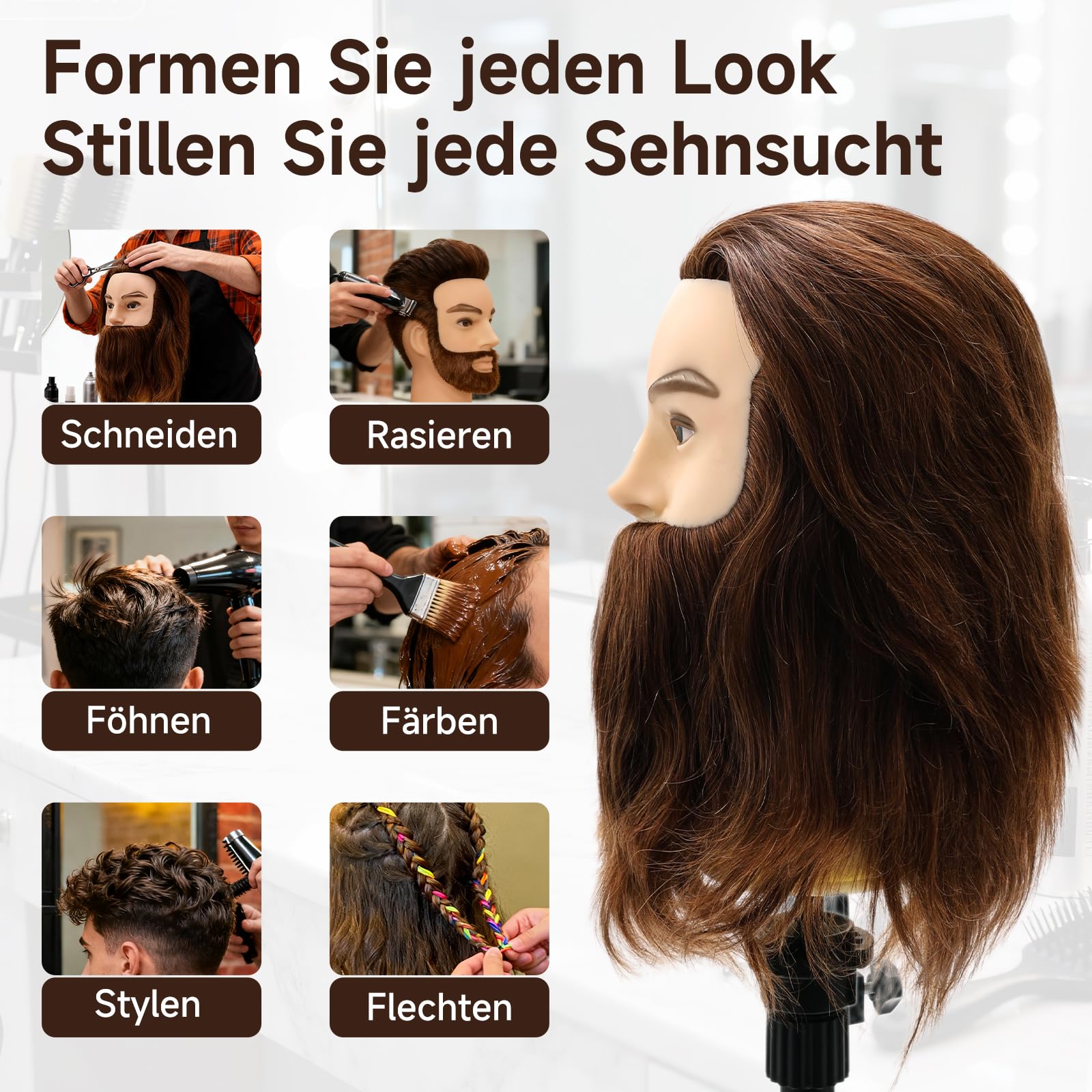 TwoWin 12 Zoll (30.5 cm) Mann Frisierkopf Echthaar mit Bart, Friseur Übungskopf Mannequin Head mit Tischklemme (Braun)