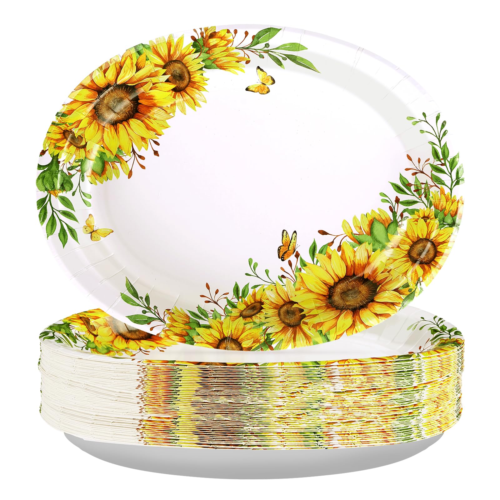 Grencian 50 PCS Sunflower Oval Paper Plates 10" x 12" Heavy Duty Disposable Sunflower Party Plates for Birthday Wedding Bridal Baby Shower Party