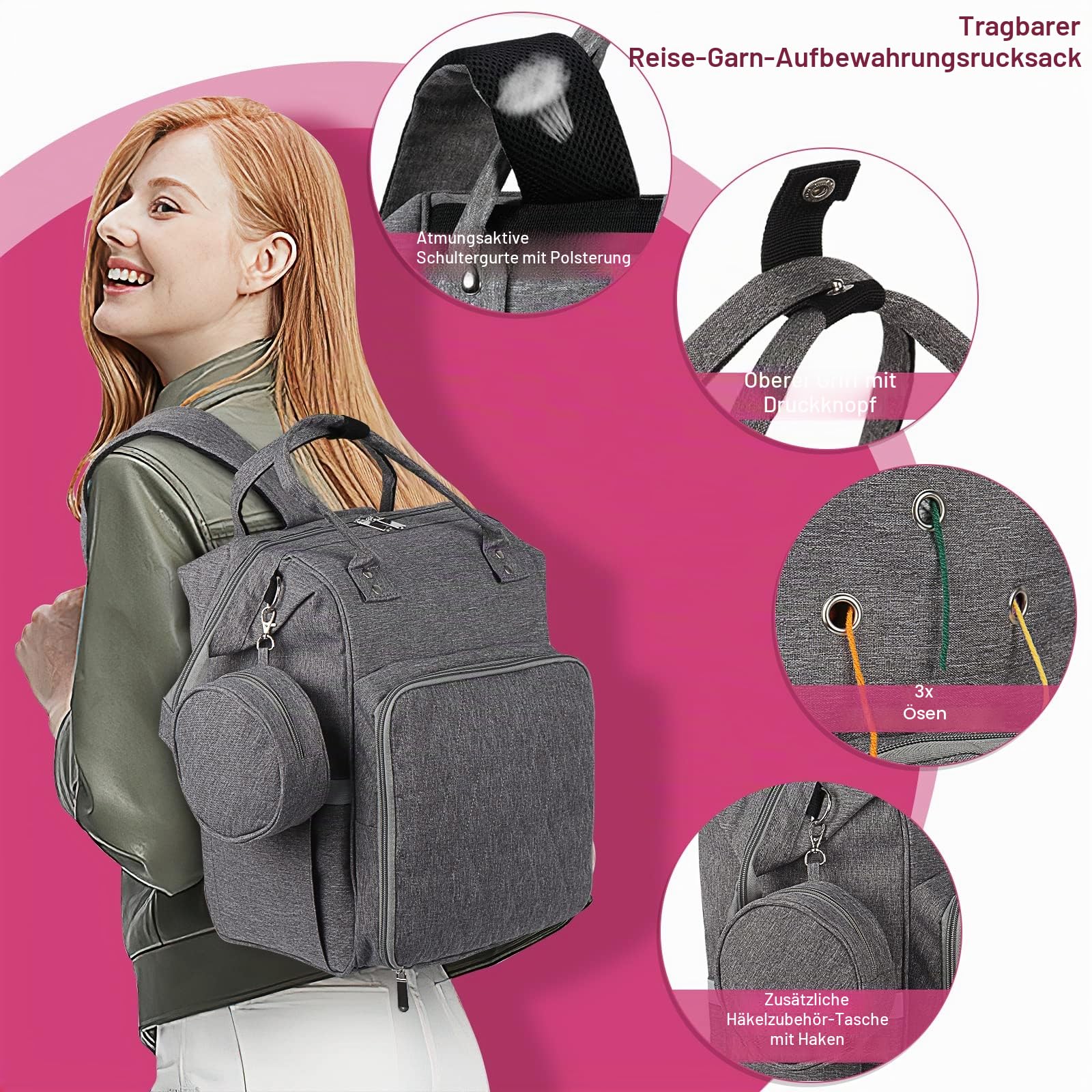 Coopay Multifunktion Stricktasche Rucksack, Reise Häkeltasche mit 6 Garnösen, Große Garnaufbewahrung Organizer Tasche für unfertige Projekte, Häkelnadel, Stricknadeln, Wolle, Strick- und Häkelzubehör