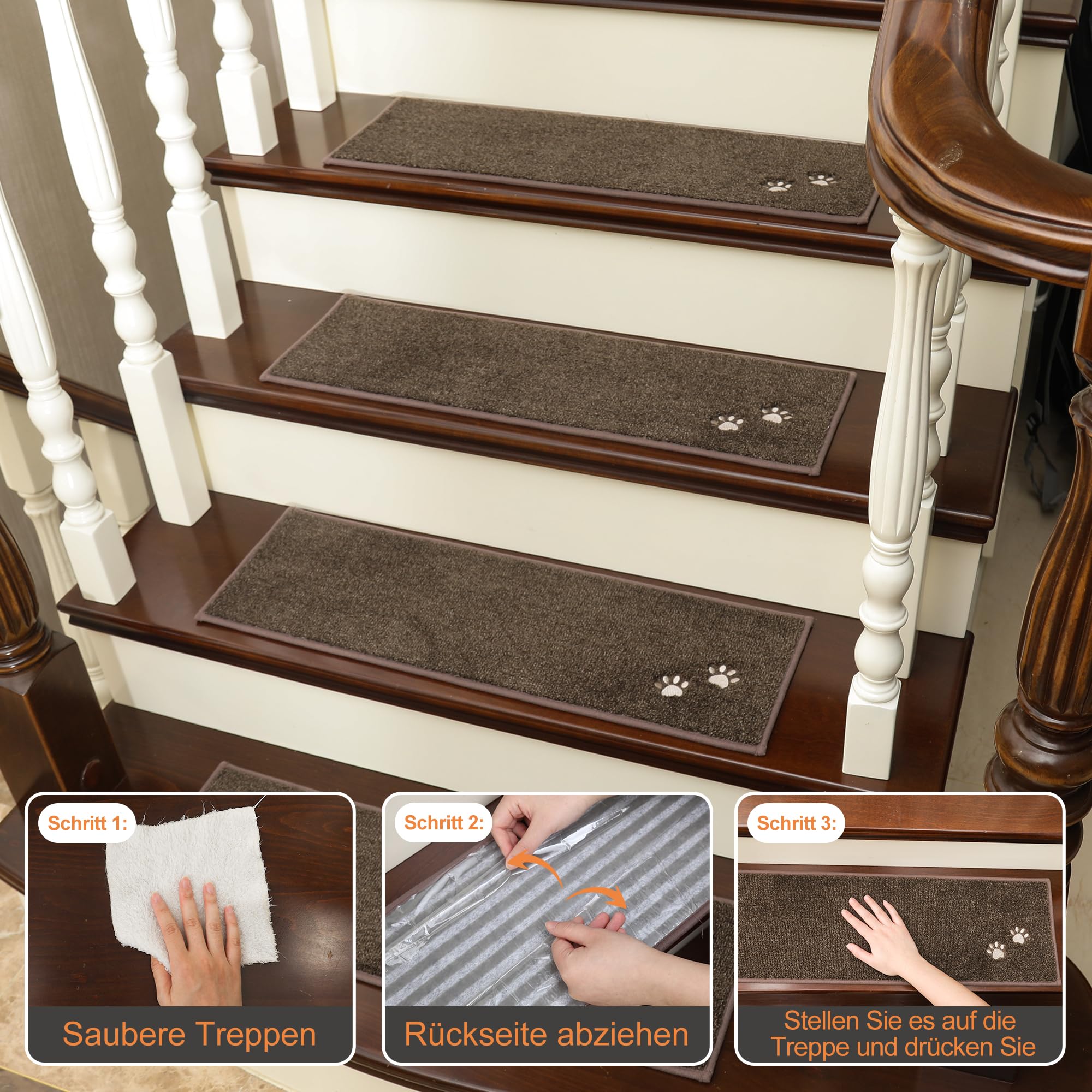 BEQHAUSE Lot De 15 Tapis D'escalier Antidérapants Pour Marches En Bois, Lavables En Machine, 71,1 X 22,9 Cm, Tapis D'escalier D'intérieur Doux Pour Enfants, Personnes âgées Et Animaux Domestiques, 100