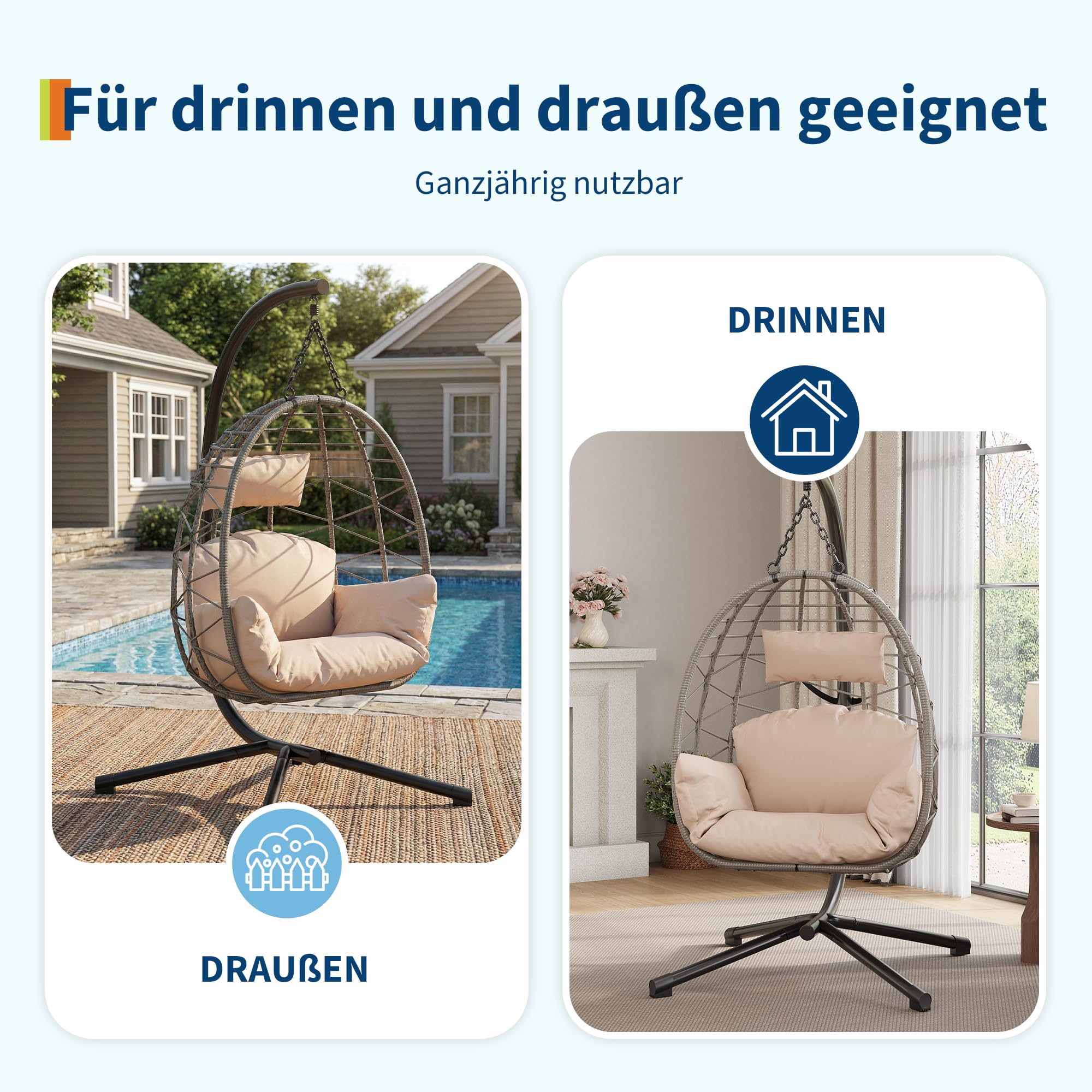 Hamaca colgante con estructura para exteriores, soporta hasta 150 kg, de ratán con estructura de metal, ideal como asiento colgante para interior, con estructura para jardín, terraza y balcón, color