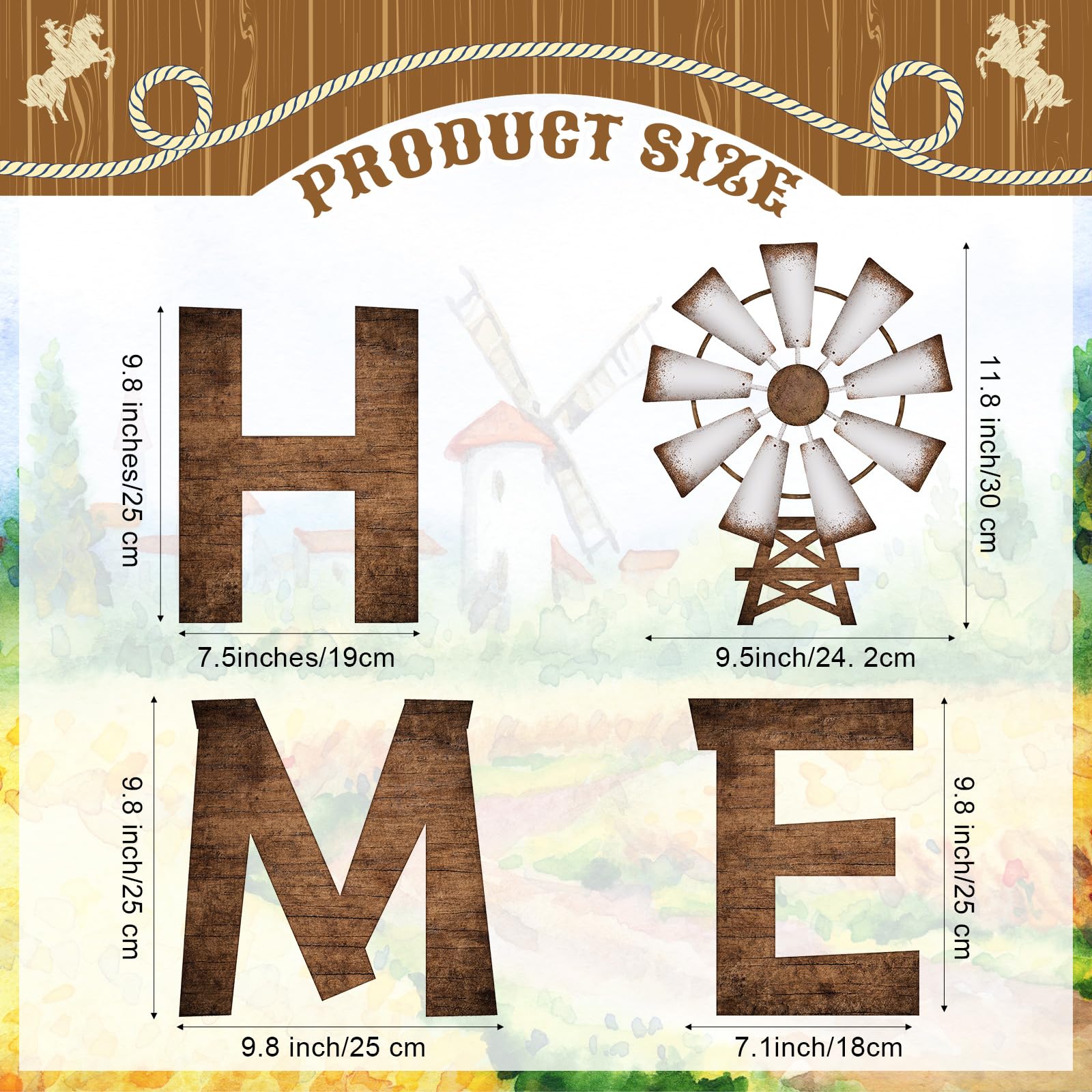 Junkin 4 Pieces Rustic Farmhouse Wall Decoration Wooden Sign with Windmill Western Home Wall Art Farmhouse Home Decoration Cowboy Letters Hanging Sign for Entryway Living Room Kitchen
