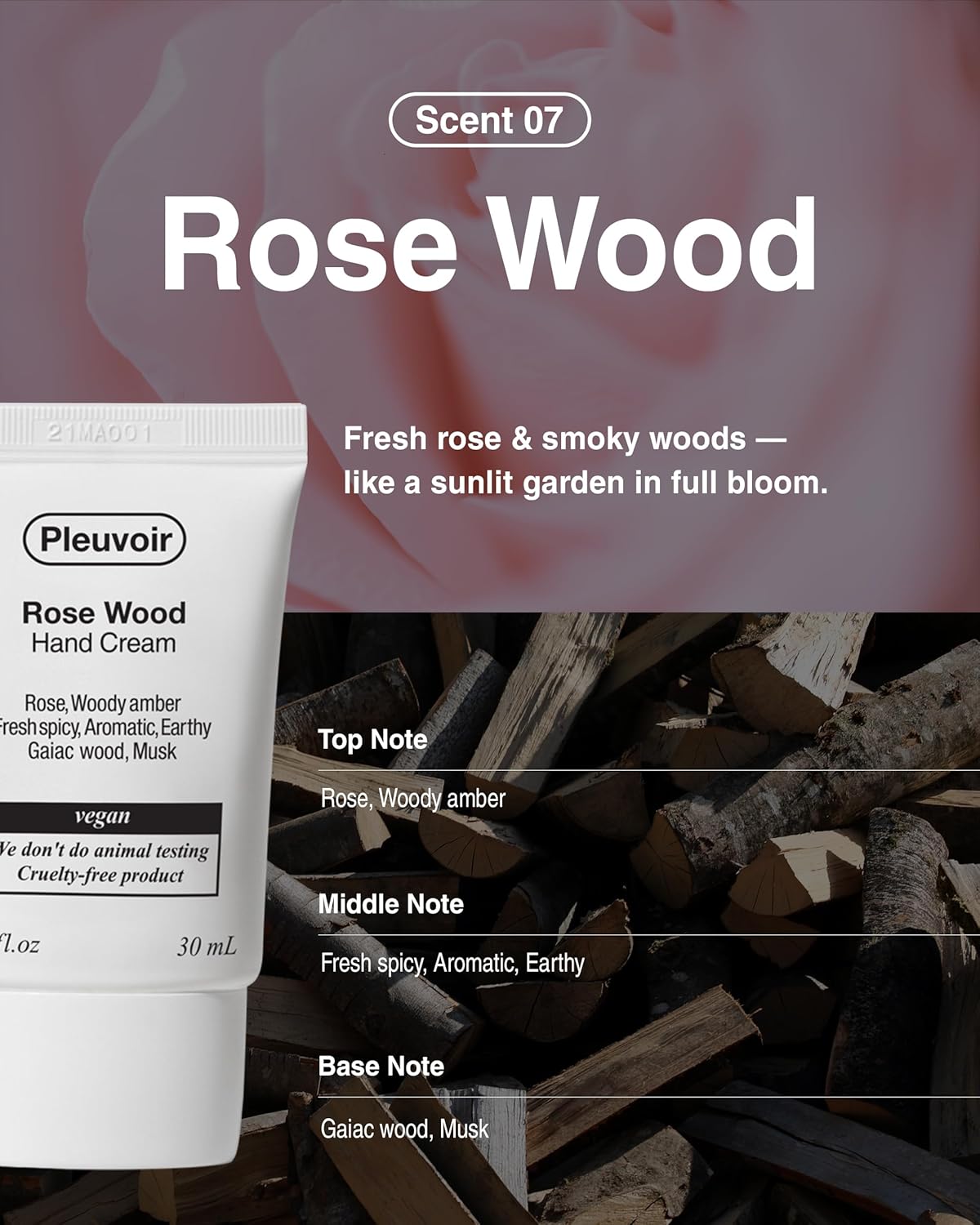 Pleuvoir Rose Wood Perfume Hand Cream - French MANE (Rose, Vetiver & Musk), Lightweight, Non-Sticky, Fast-Absorbing, Moisturizing with 5-Hyaluronic Acid, Shea Butter and Jojoba Oil, 1oz - Image 3