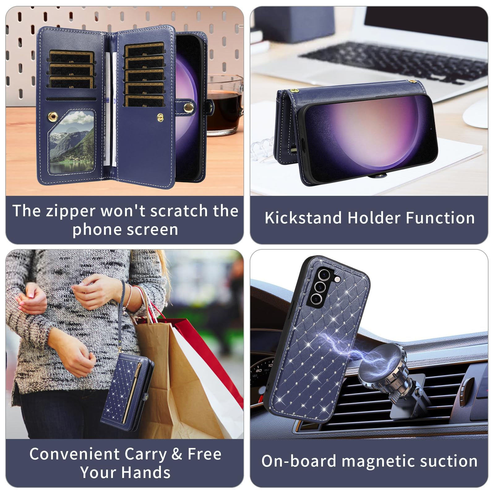 Custodia per Samsung Galaxy S23 Plus S23+5G con cerniera a portafoglio staccabile con pellicola protettiva per lo schermo a tracolla Bling Flip porta carte di credito S23plus 23S + S 23 23+ SM-S916U