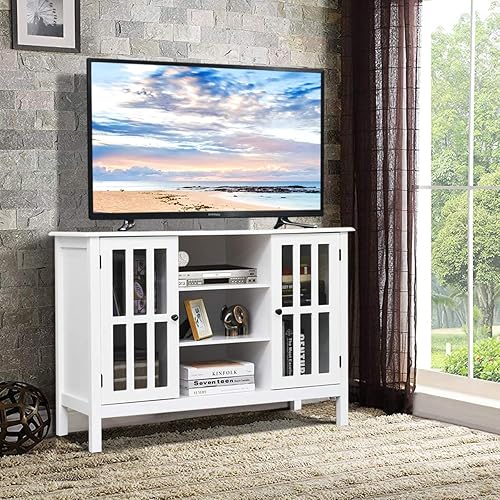 Miniatura 2 de Tangkula - Soporte de TV blanco, centro de entretenimiento moderno alto para televisores de hasta 50", consola multimedia con 2 gabinetes de