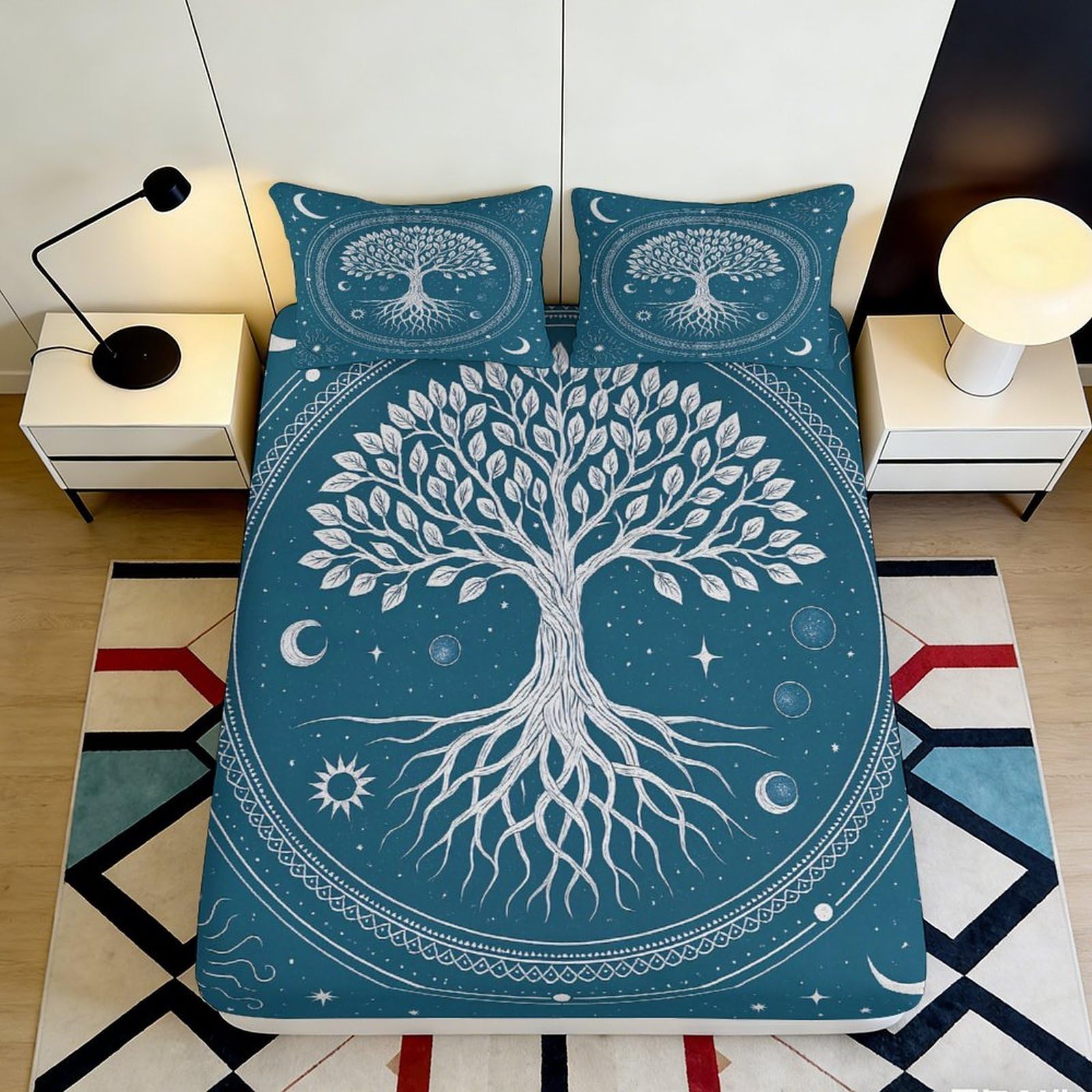 3D Printed Tree of Life Fitted Sheet Microfiber Soft Breathable Celestial Mattress Cover for Bedroom Dormitory Guest Room Protection Decor 180x200x25cm