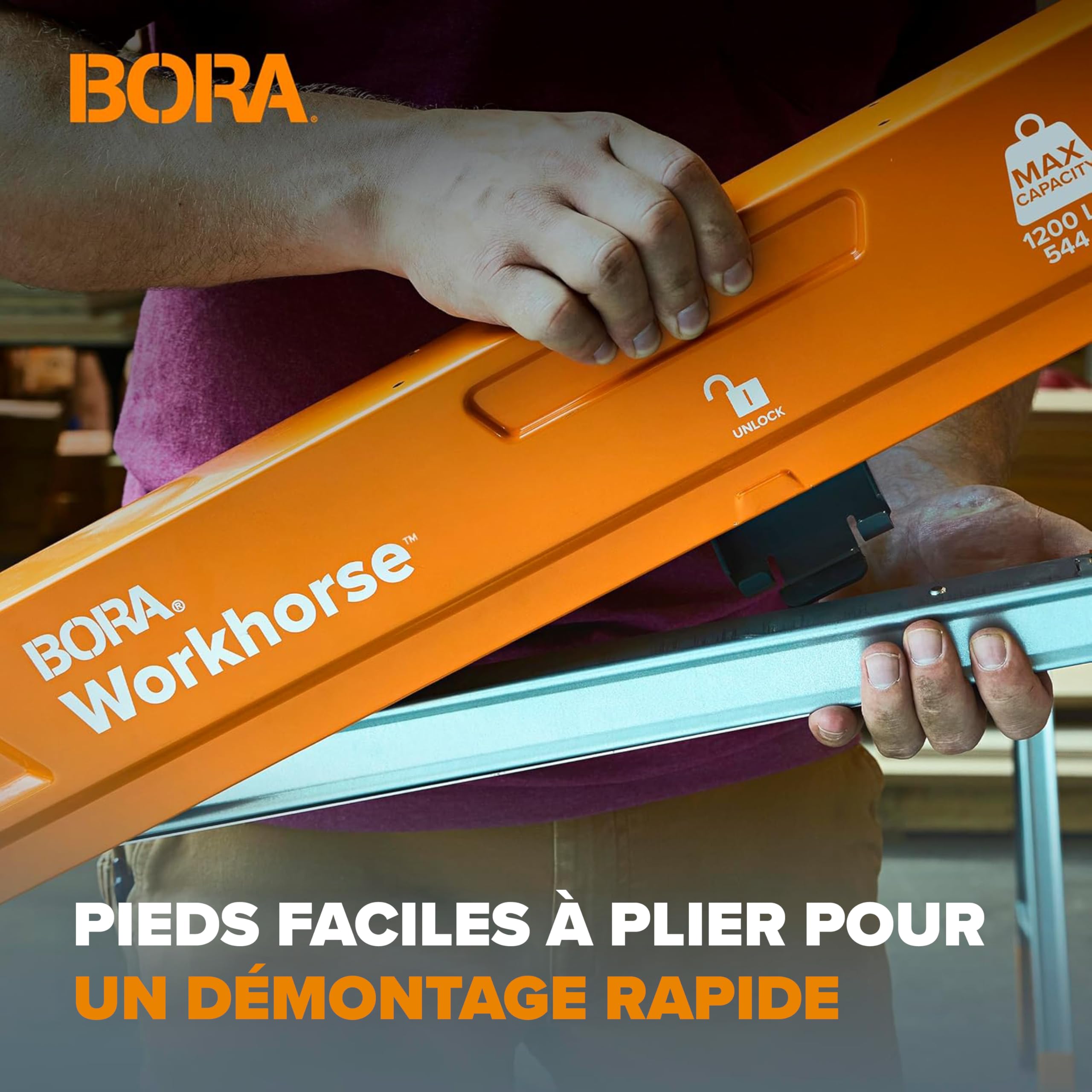 BORA Workhorse PM-3330T Lot de 2 chevalets de sciage pliables et robustes avec pieds réglables pour entrepreneurs et établi portable Orange
