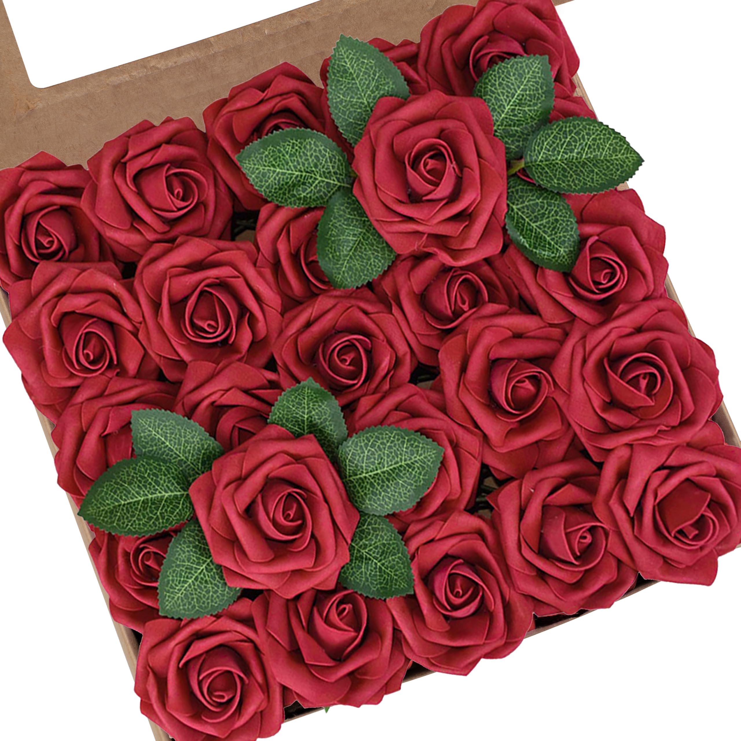 Artificial Flowers, 50pcs Real Looking Red Artificial Ros for Wedding