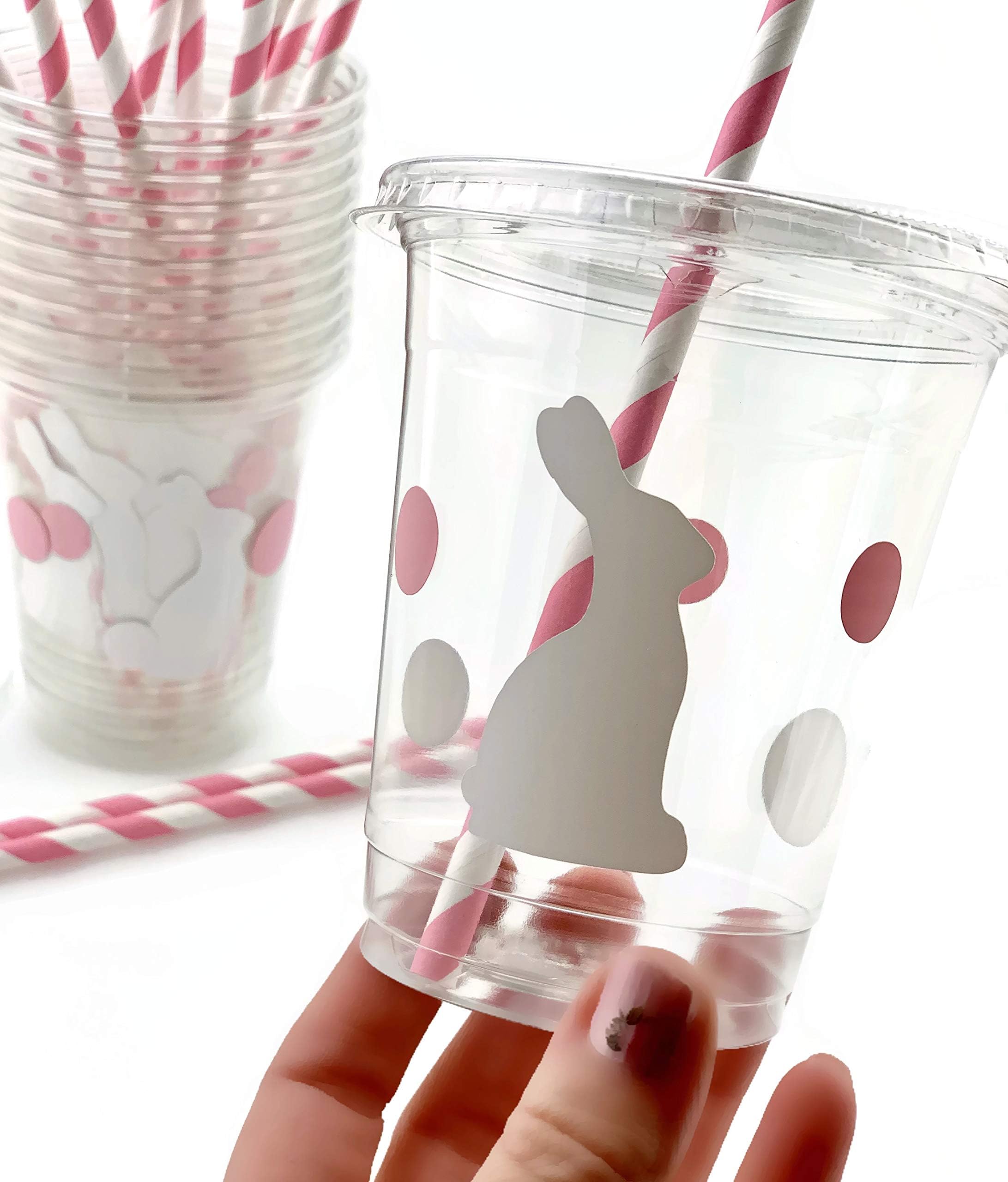 Bunny Party Cups - 12 Set Plastic Lids Straws Somebunny is One First Birthday