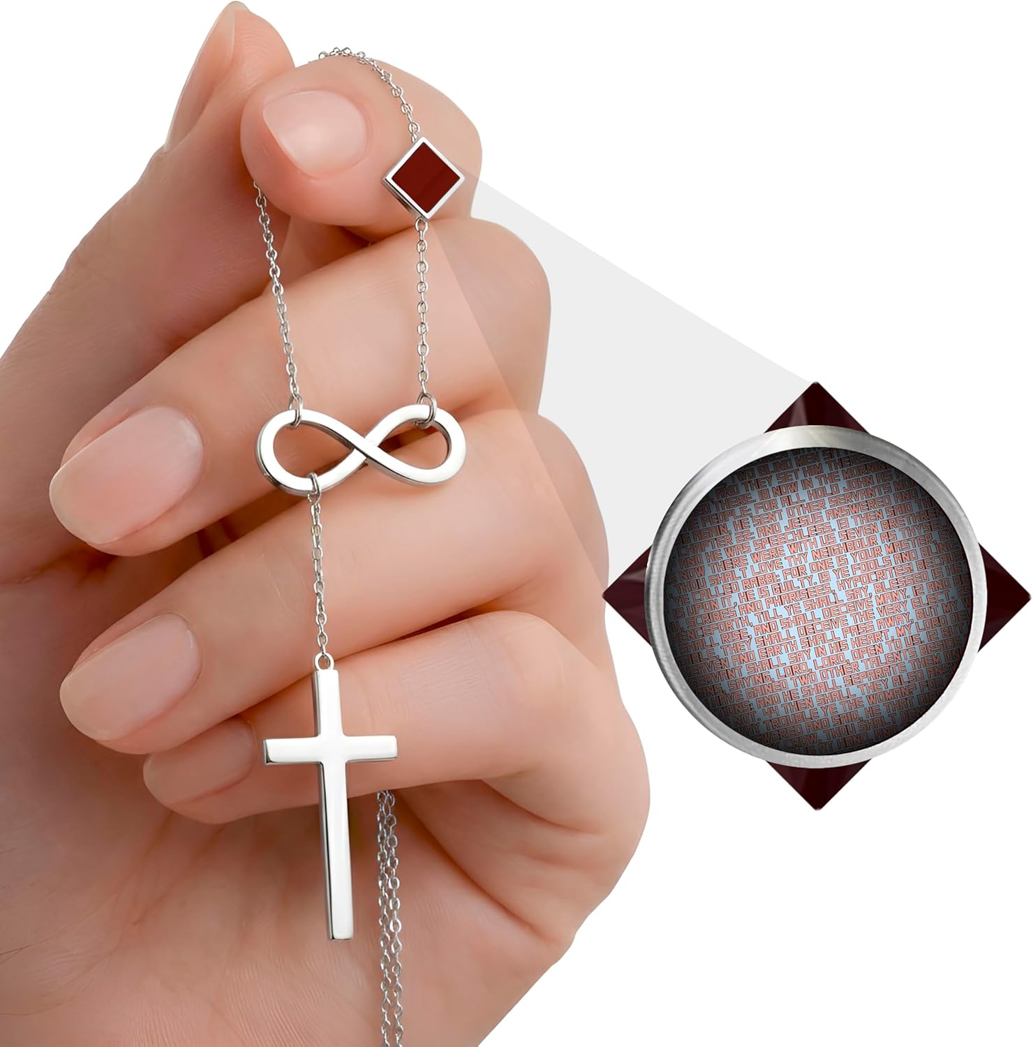 Infinity Cross Necklace Nano Bible Jewelry - Christian Pendant for Women - Entire Microscopic KJV New Testament on 0.2" Microchip, Religious Faith Jewelry, 18" Chain
