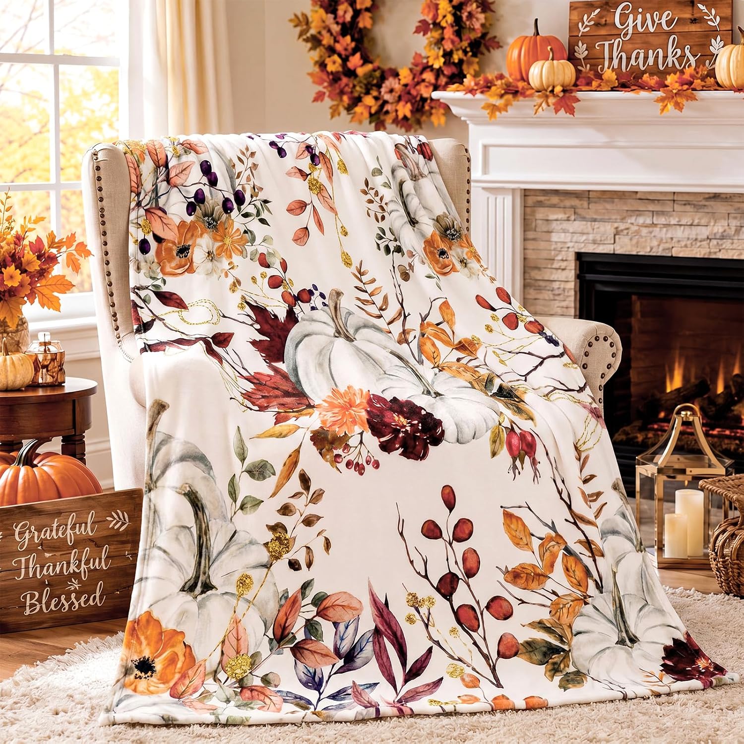 Hahafelt Thanksgiving Pumpkin Throw Blanket Ultra Soft Fleece Blanket for Bed and Couch Cozy Holiday Theme Throw Warm Decoration, 50 x 60 Inches