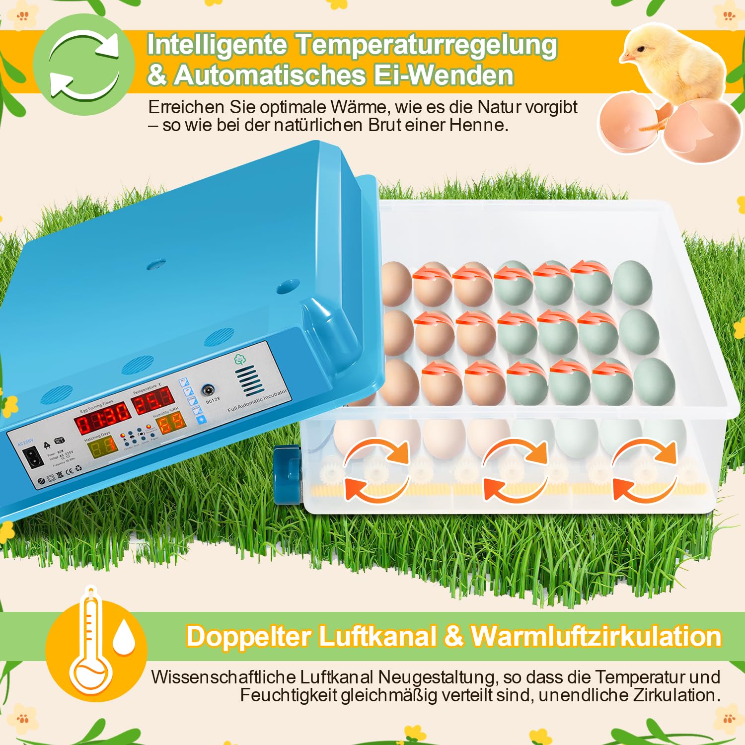 Daromigo Incubadora de 64 huevos, totalmente automática, con control de la humedad y rotación automática de huevos