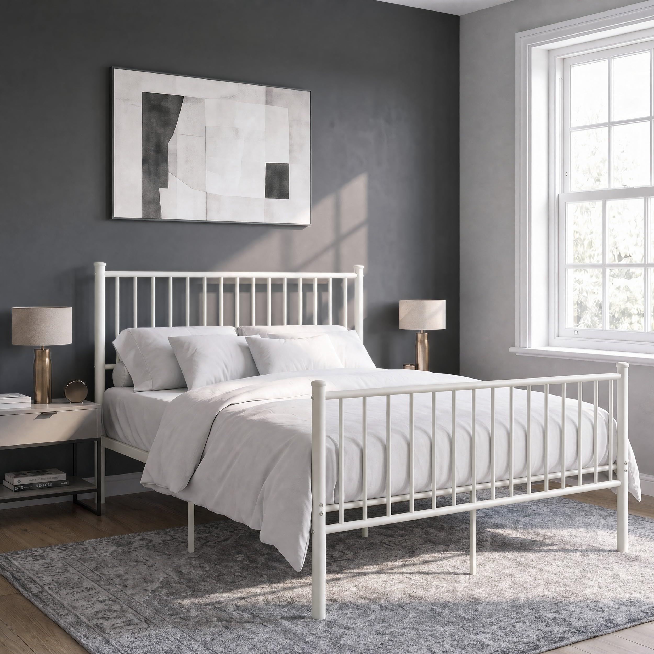 Blisswood King Size Bed Frame Metal 5FT, Heavy Duty Metal Bed Frame with Vertical Headboard and Footboard, Solid Slatted Base, Under Bed Storage, No Box Spring Needed, 207 × 155 × 113 cm, White