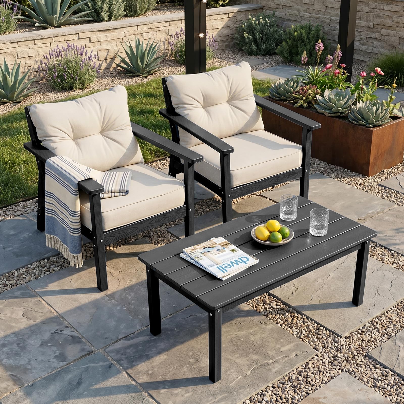 2 Seat HDPE Patio Conversation Set with Coffee Table, Outdoor Chairs Set