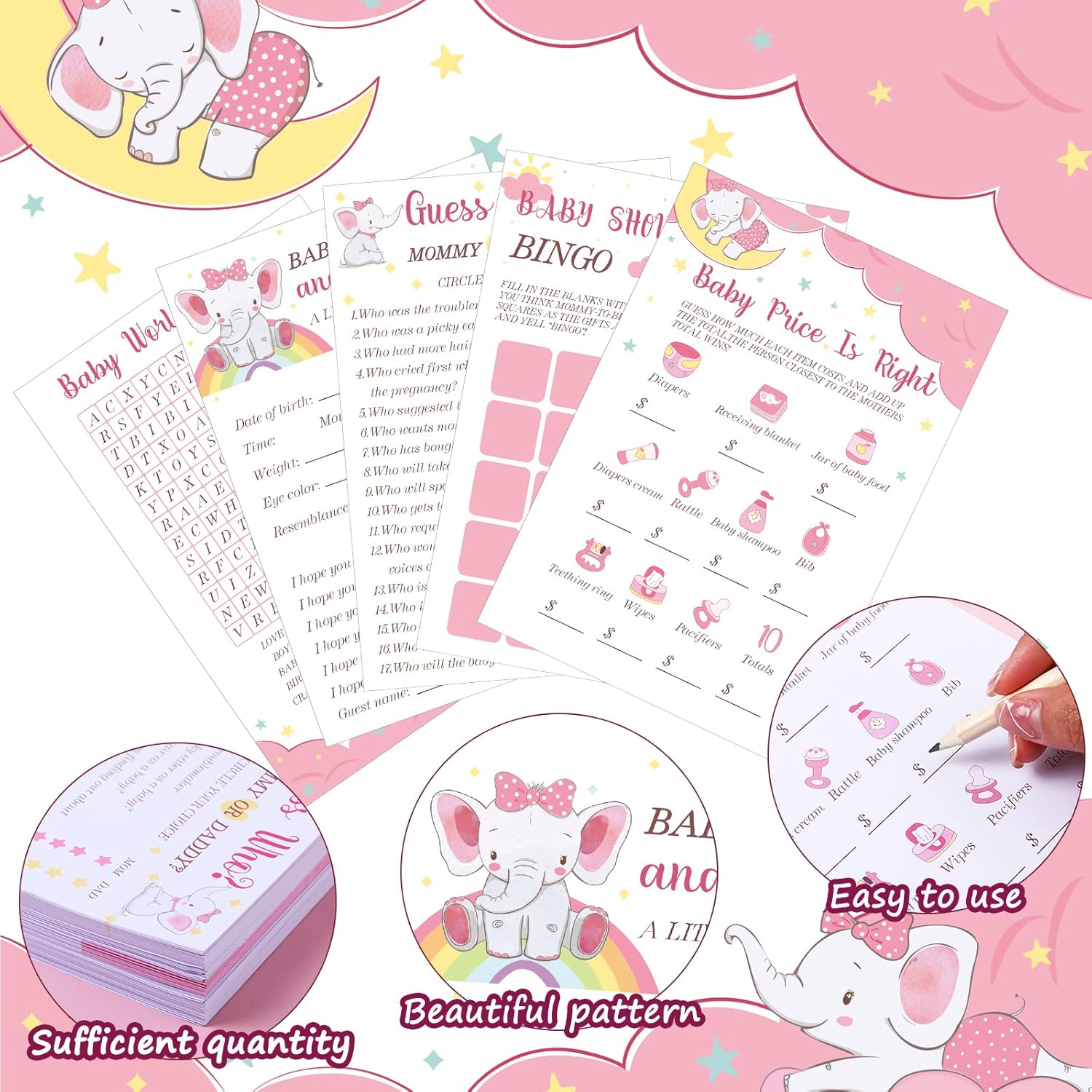 250 Pieces Baby Shower Games Sets 5 Games 50 Sheets of Each with 50 Pencils Fun Baby Shower Games Activities for Baby Shower Boy Girl Gender Reveal Party Supplies(Elephant) : Home & Kitchen