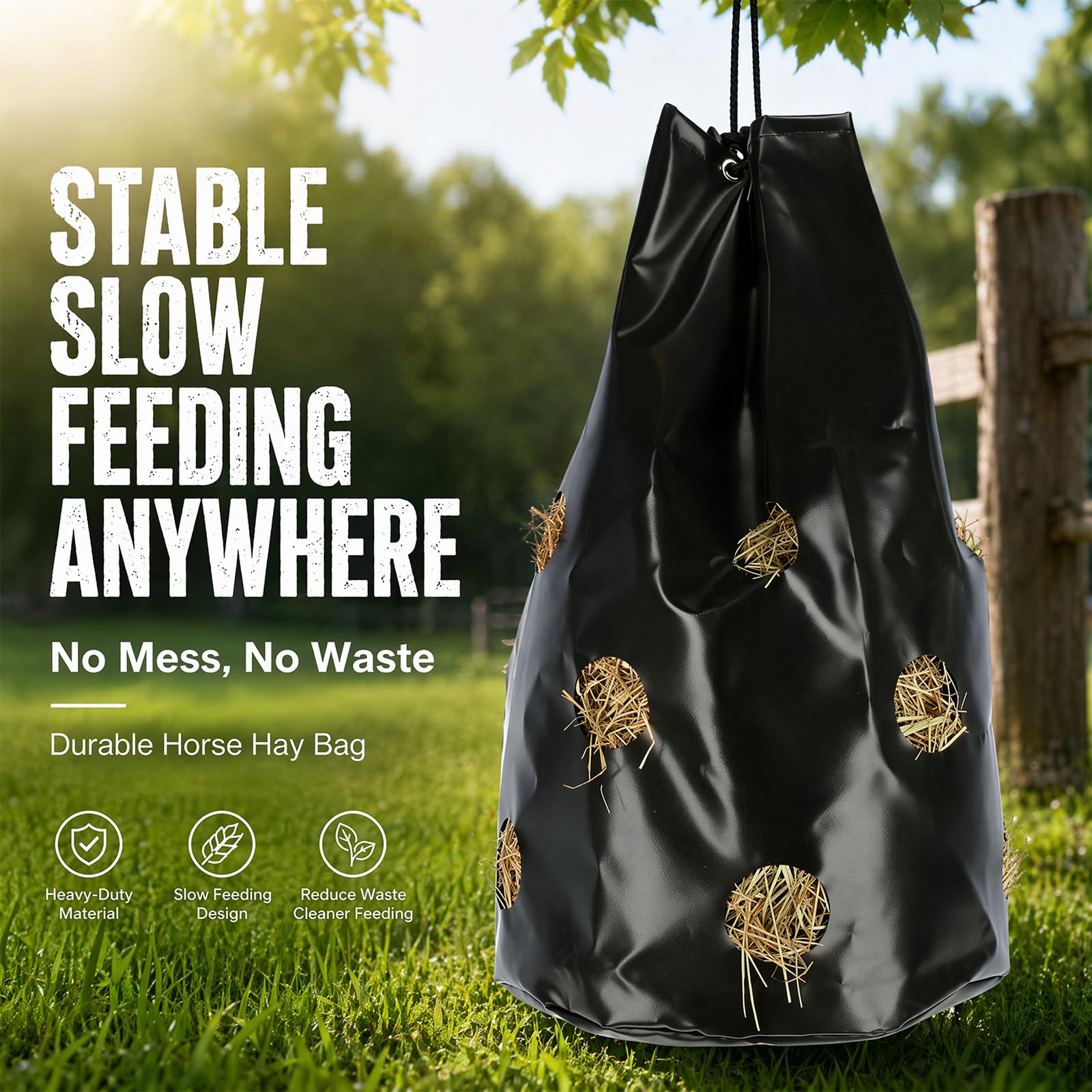 Heusack Pferd 70x40cm Heunetz 88L mit 16 Öffnungen 8cm Anti Verschwendung Futterbeutel Heutasche Heubeutel Pferde robust PVC 1,5m Seil langsames Fressen reduziert Staub & Futterverlust Stall Weide