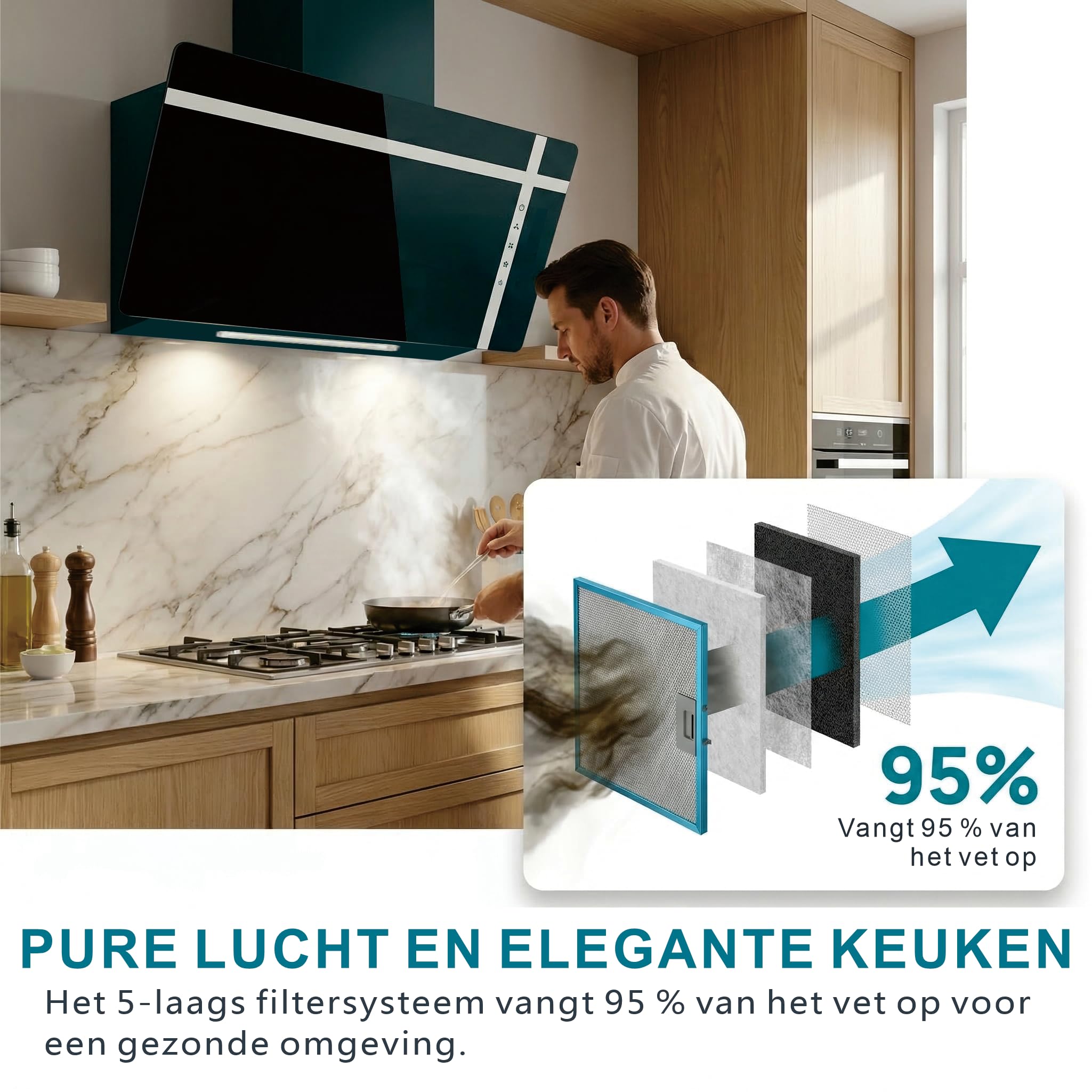 DOPURE Dunstabzugshaube 60 cm Abluft Umluft bürstenloser Motor Schwarz Glas Touchscreen LED-Beleuchtung