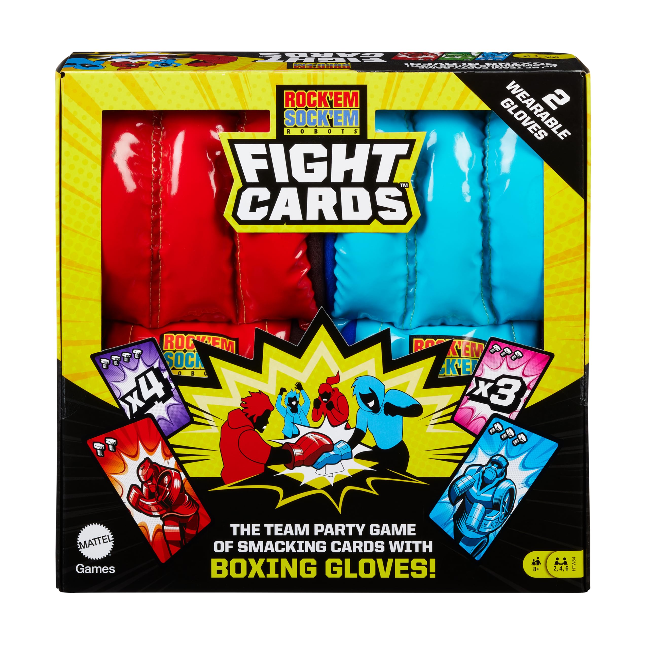 Mattel Games Rock 'EM Sock'EM Robots Fight Cards Kartenspiel, Party-Teamspiel für Kinder und Erwachsene mit Zwei Boxhandschuhen, HTW64