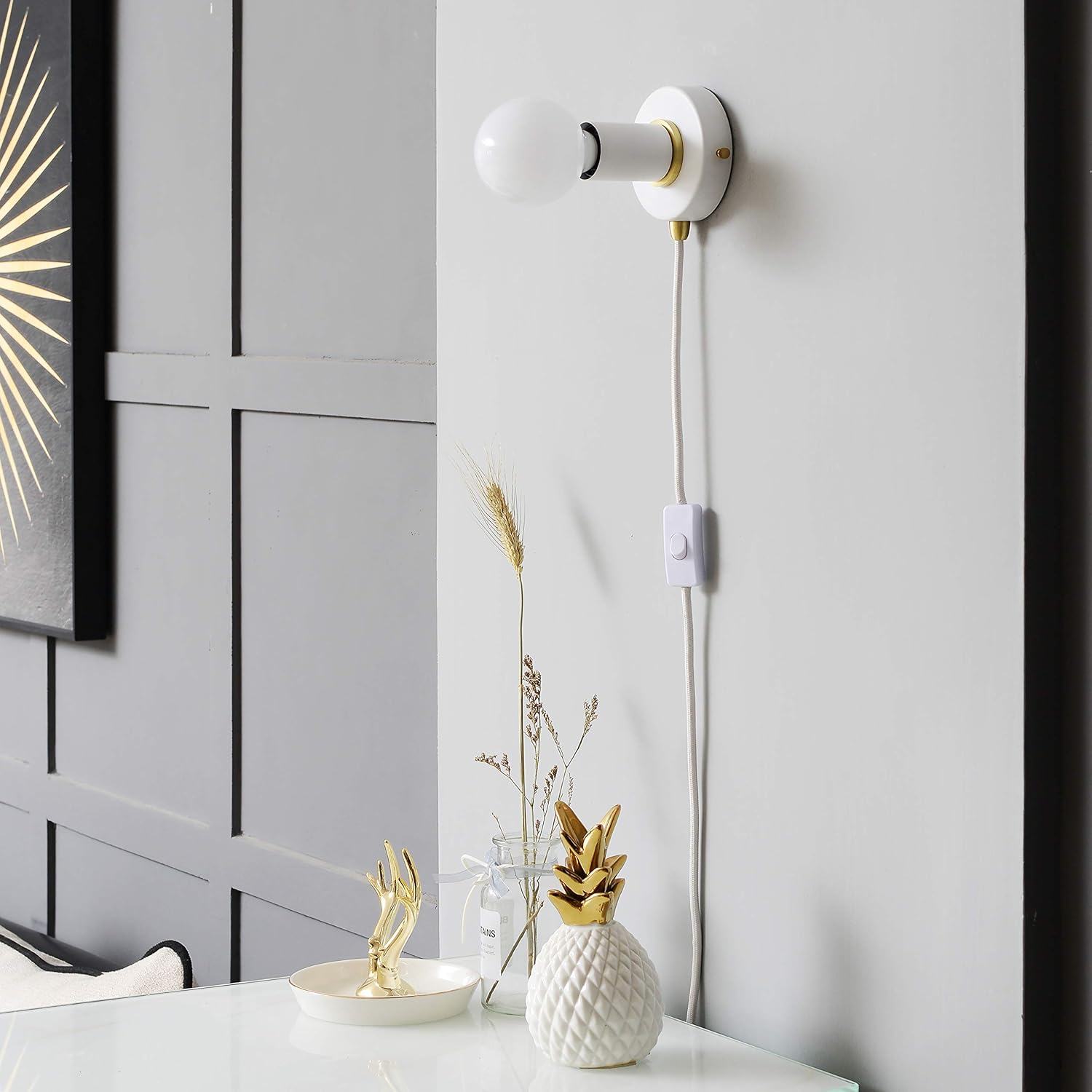 BRIGHTTIA Plug-in Simple Ring Wall Sconce - White/Gold - Portable Wall Lamp with 15Ft Cord & Plug for Rental Apartments - Versatile Lighting - No Wiring Needed (BW0005-1WGP)