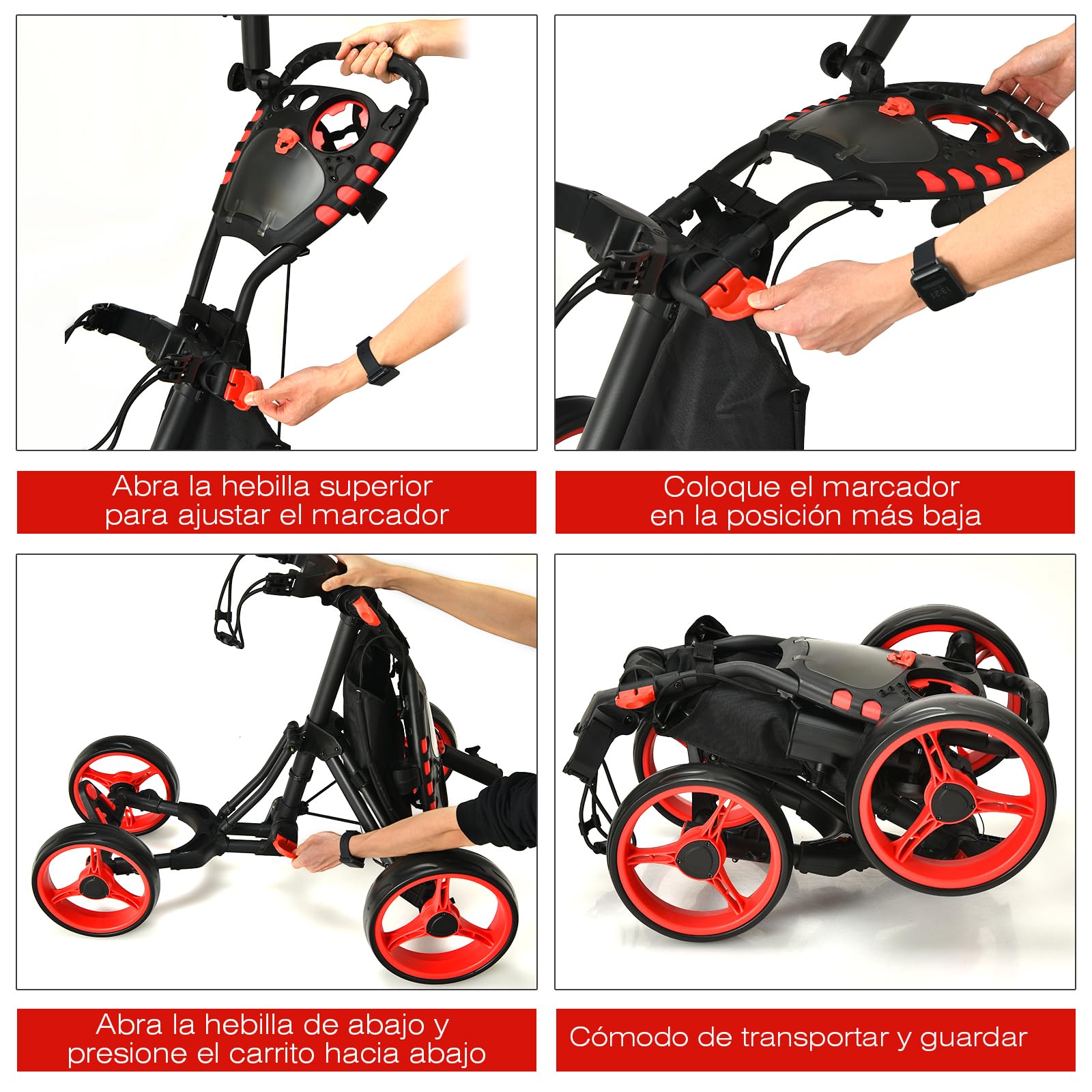 GYMAX Carrito de Golf Plegable de 4 Ruedas, Posiciones de Altura Ajustables, Ligero, con Soporte para Paraguas Ajustable, Bolsa Impermeable, Refrigerador Incorporado, Freno de Pie