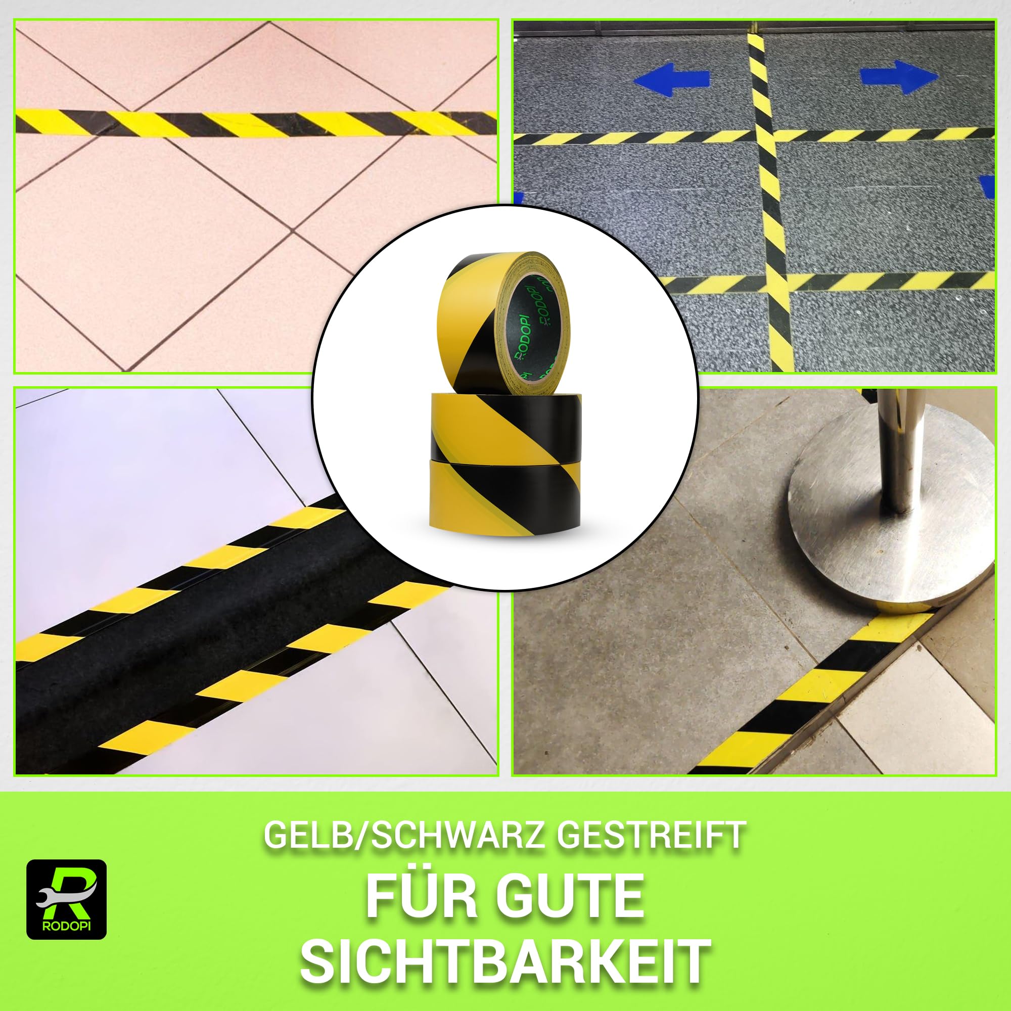 RODOPI Bodenmarkierungsband FixGrip-Bounce 33m x 50mm Absperrband Gelb Schwarz oder Rot Weiß 150µm Markierungsband PVC Klebeband reißfestes Warnband - Gelb/Schwarz 54 Rollen