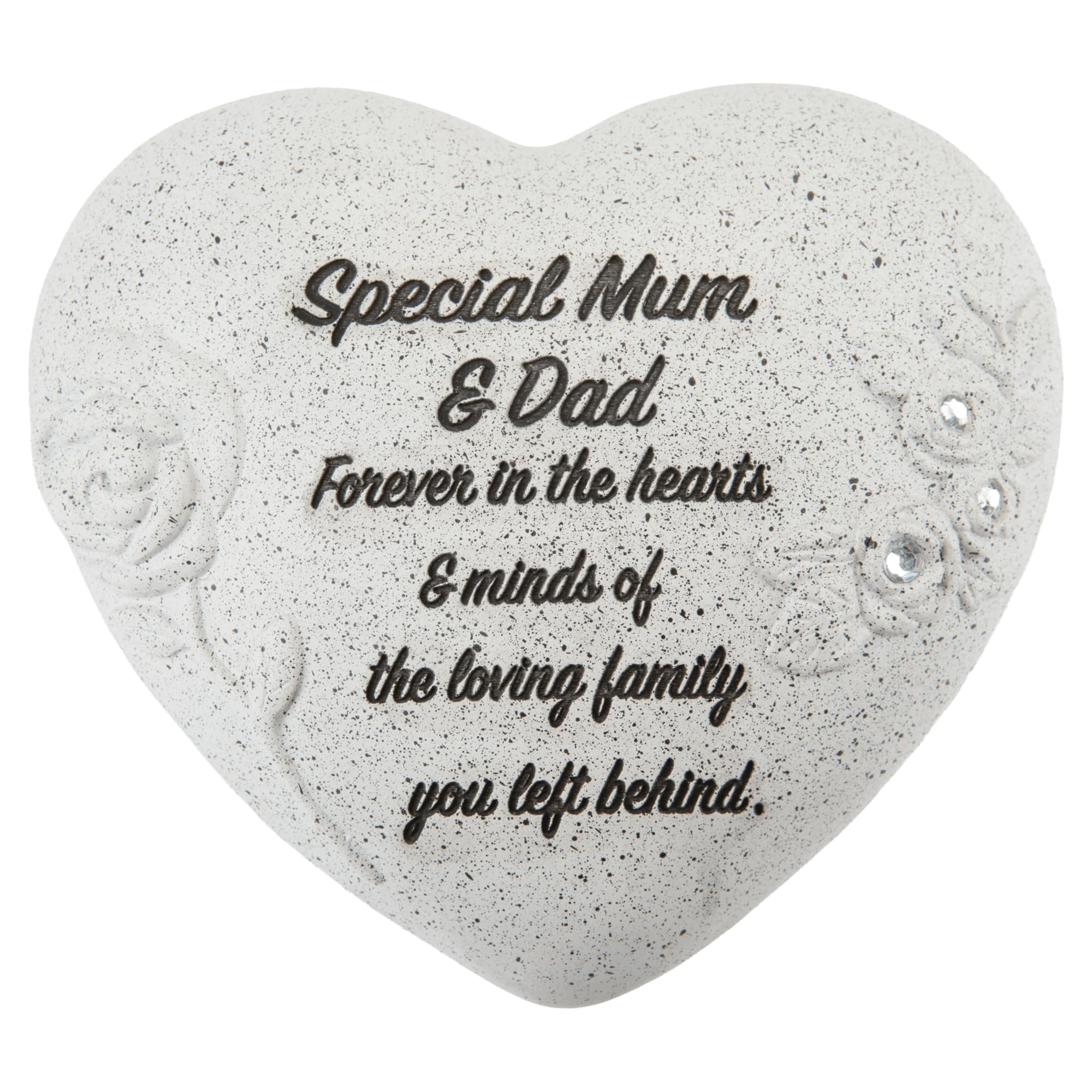 PMS Special Mum and Dad Memorial Heart Ornament – Grey Polyresin Graveside Memorial Stone with Rose Detail & Diamantes – Sympathy Tribute Keepsake for Loved Ones – 16 x 14 cm