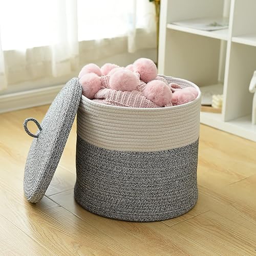 Miniatura 7 de Tegance Cesta para manta con tapa, 16 pulgadas de profundidad x 14 pulgadas de alto, canasta grande de cuerda tejida, cesta de almacenamiento de