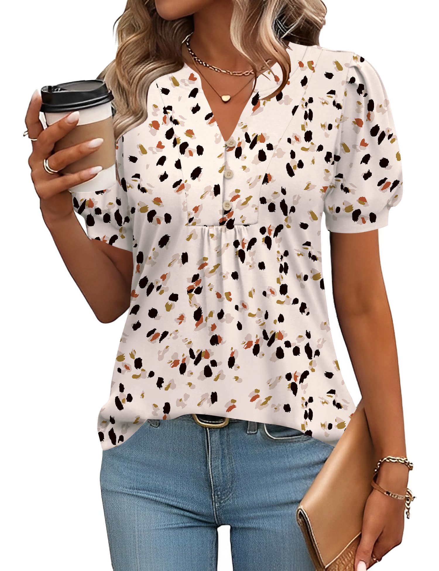 IECCP Womens Tops Puff Short Sleeve Shirts Dressy Casual Henley V-Neck Summer Tops Pleated T-Shirts Loose Fit Tunic Blouses