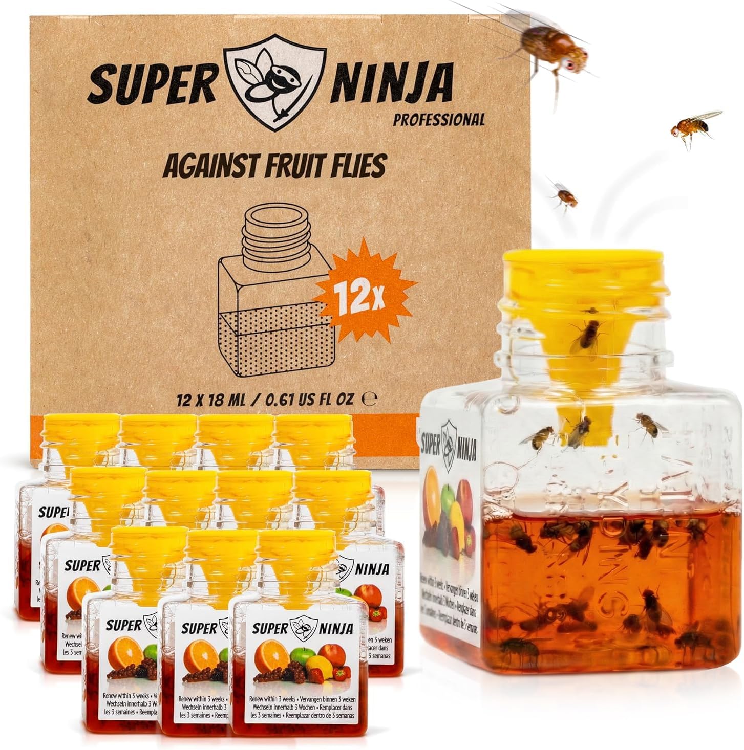 Super Ninja Fruit Fly Traps for Indoors - 12 Pack, Highly Effective Fruit Fly Catcher for Indoor Use for Home & Kitchen, Up to 3 Weeks of Performance per Bottle, Kid & Pet Friendly