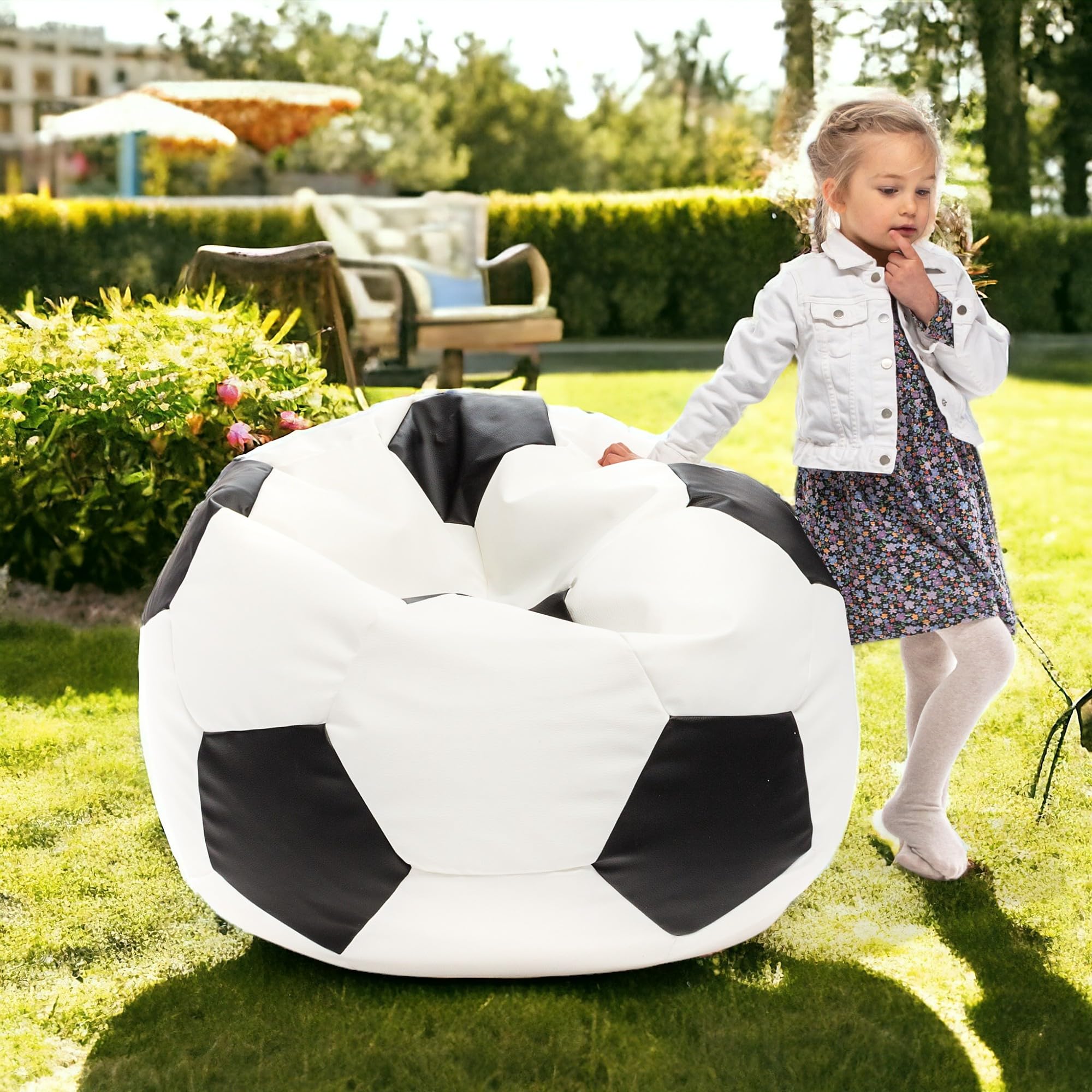 Ecopuf Football Pouf M - Pouf Chambre Ballon de Foot en Simili Cuir - Génial pour Les Fans de Football, Les Enfants - Fauteuil Gaming - 65x45cm, Noir E14