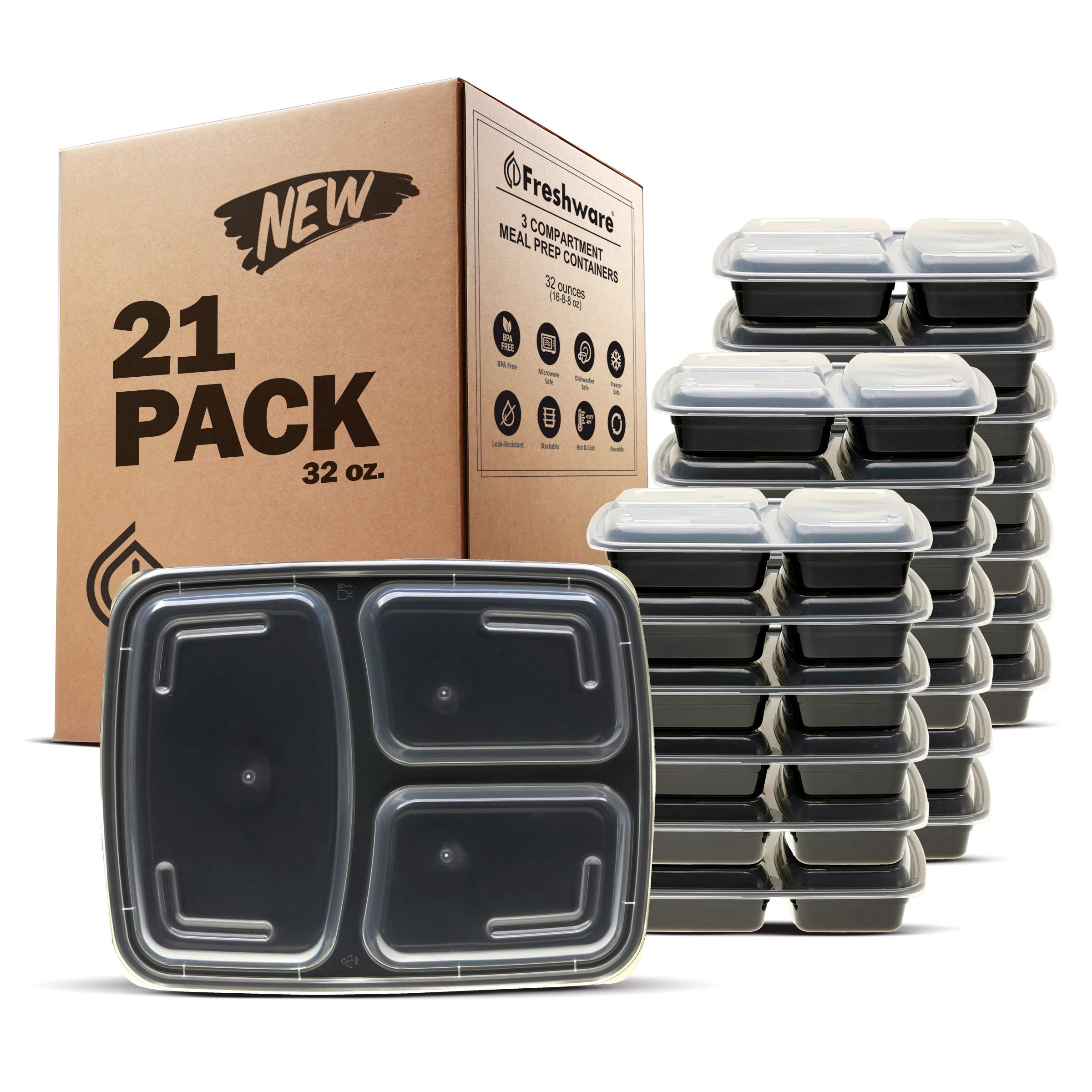 FreshwareFreshware Meal Prep Containers [25 Pack] 3 Compartment with Lids, Food Storage Containers, Bento Box, Stackable, Microwave/Dishwasher Safe (32 oz)