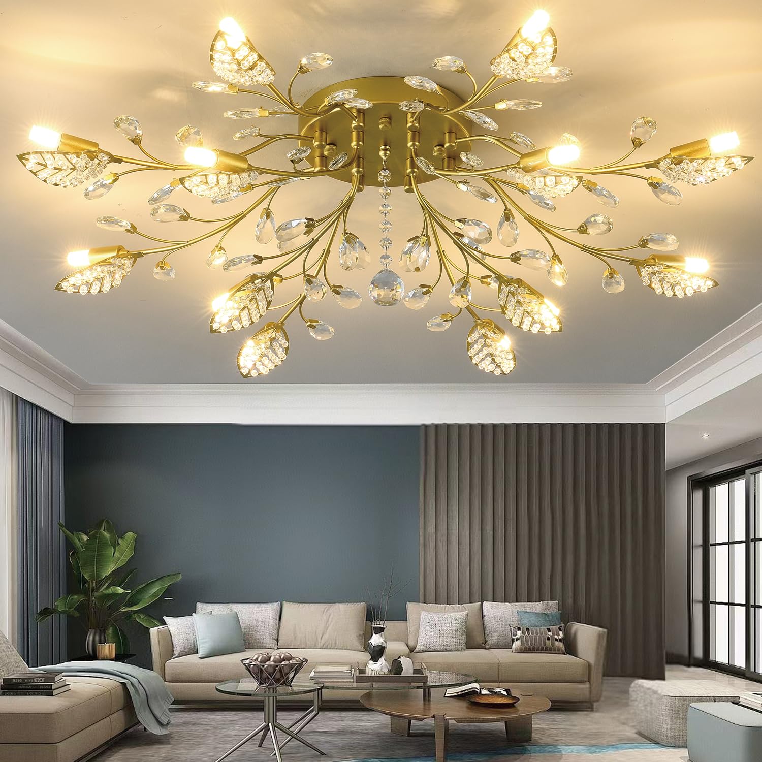 Ridiss Crystal Flush Mount Ceiling Light,Semi Flush Mount Chandeliers,Crystal Leaf Ceiling Light, Chandeliers for Dining Room,Living Room,Bedroom