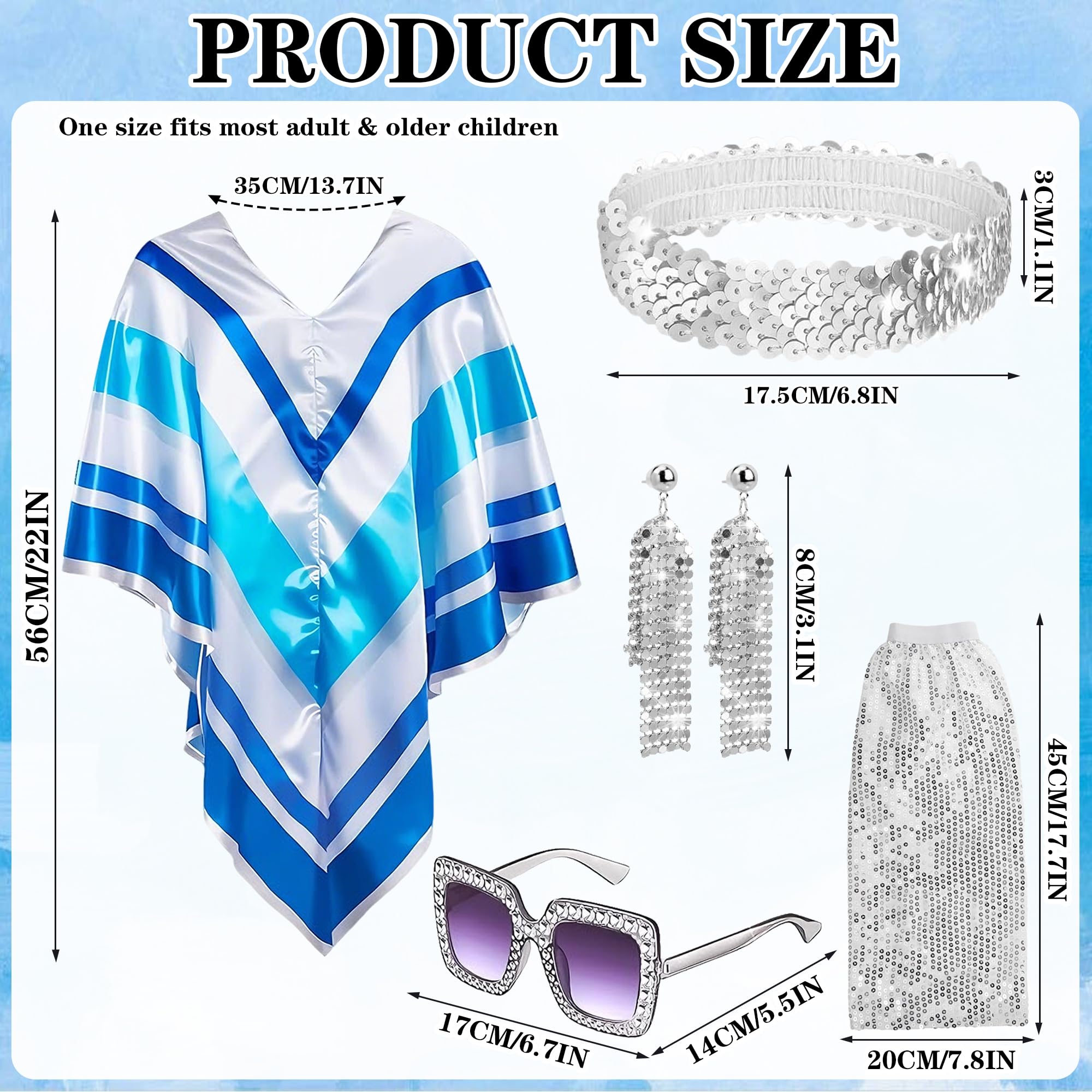 Xietaea 70er Jahre Abba Kostüm Damen - Disco Outfit Set mit Poncho Glitzer Stirnband Ohrringe und Sonnenbrille, Pailletten Beinwärmer für Karneval Fasching Party Halloween Verkleidung