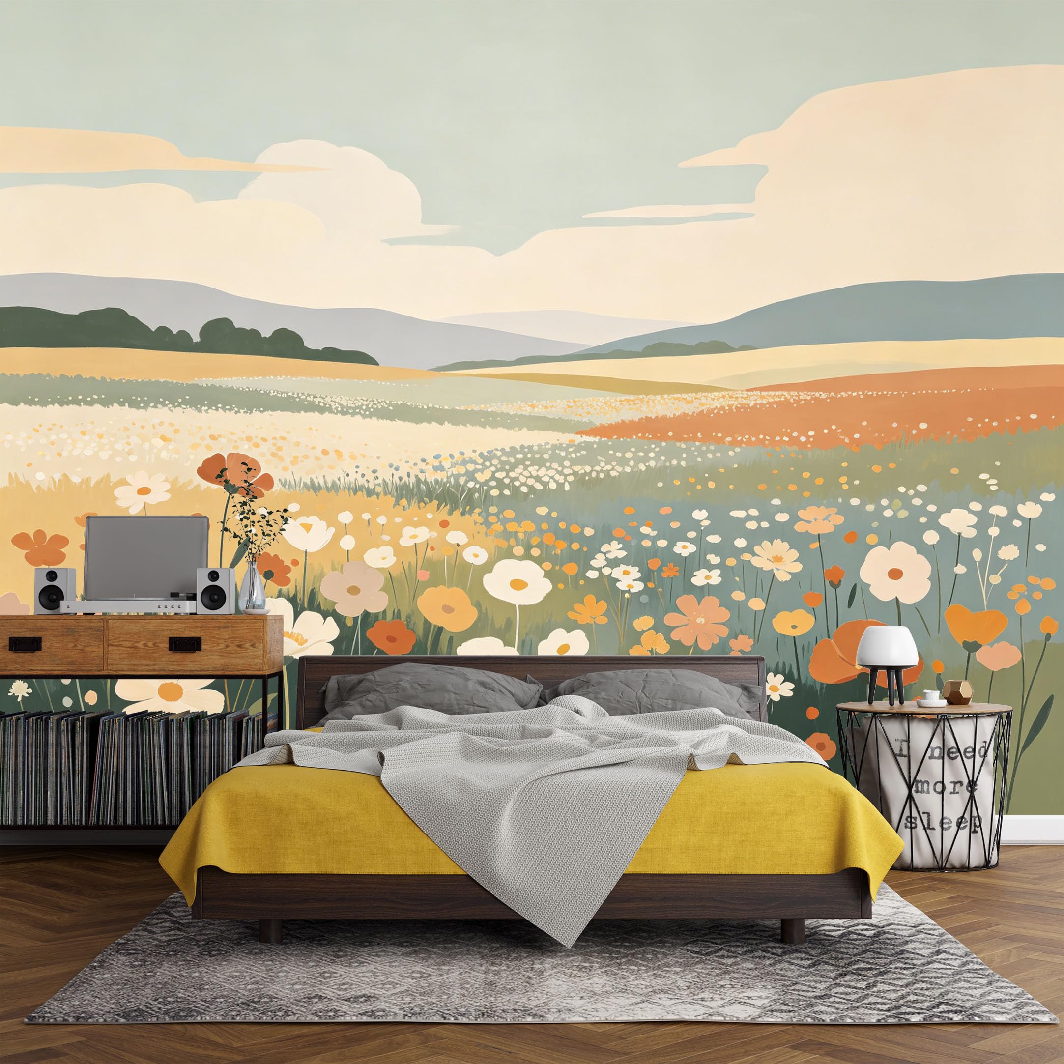 Custom Size Wall Mural， Botanical Wildflower Meadow Landscape Pastel Field Art， SelfAdhesive Art Prints wall Fabric (No PVC) Removable Wallpaper Living Room Decor