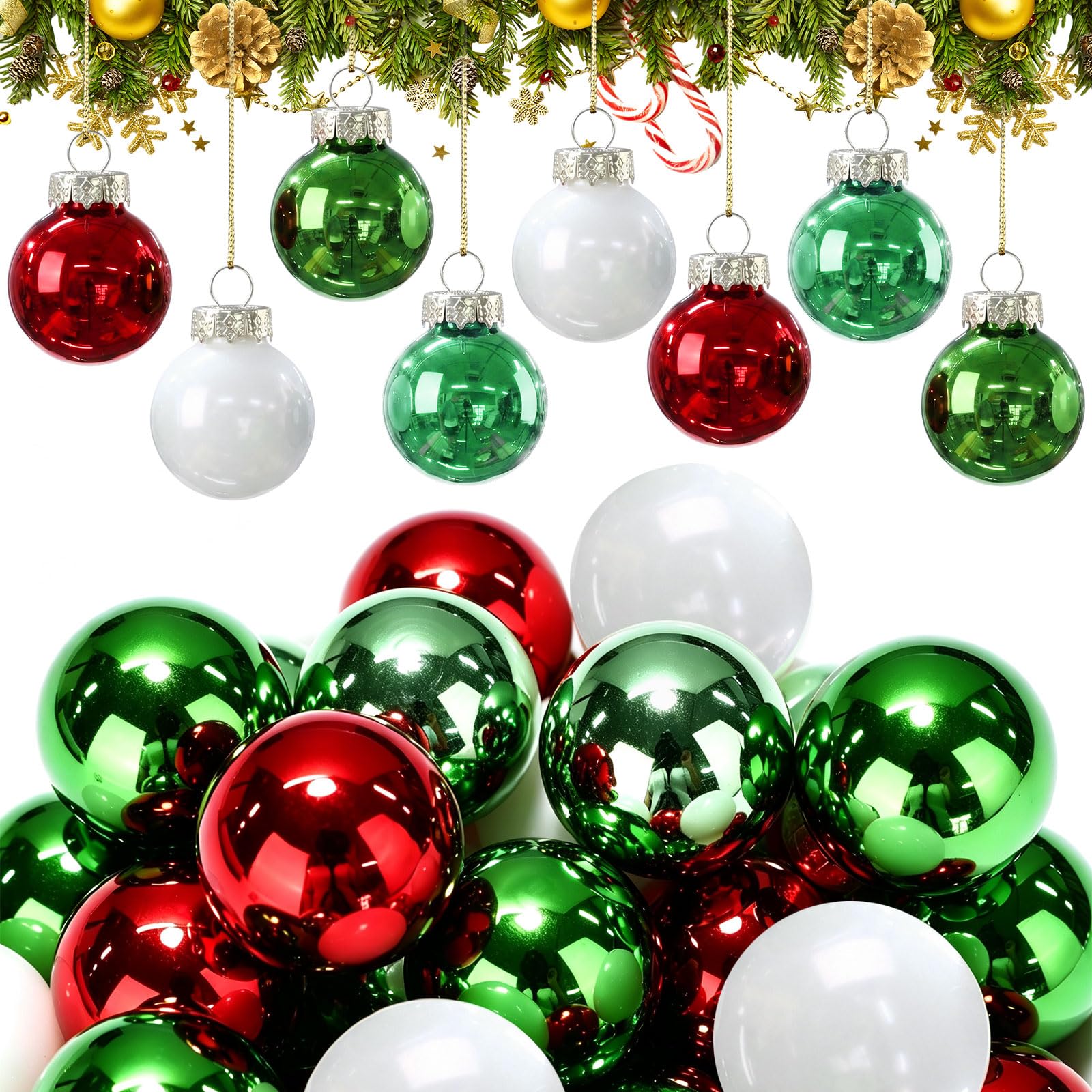 Tioncy 32 Pcs 1'' Mini Glass Christmas Ornament, Lime Green Red White Balls