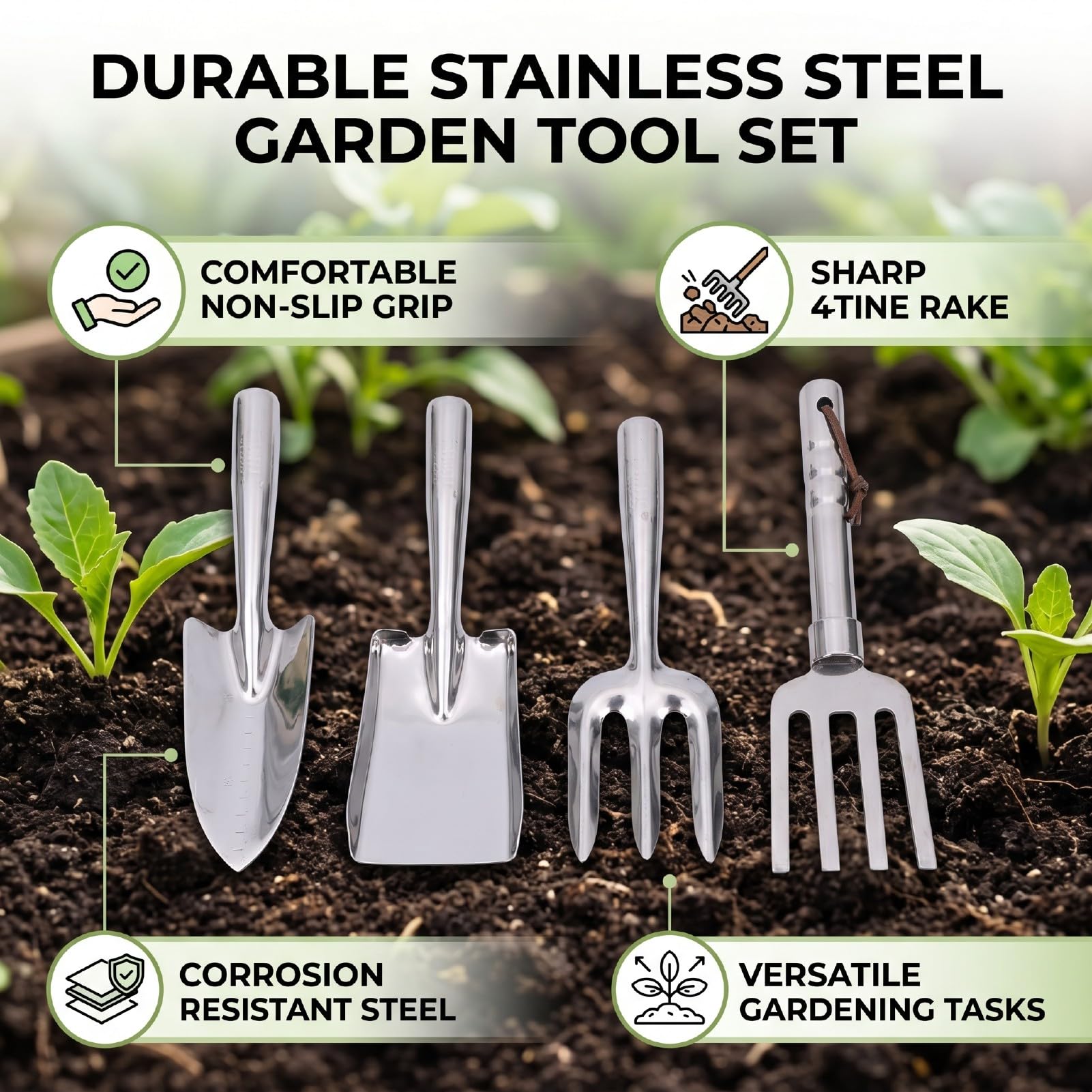 FTVOGUE Set di Attrezzi da Giardino da 4 Pezzi in Acciaio Inossidabile con Manico Antiscivolo e Foro per Appendere le Erbacce, Piantare e Scavare nel Terreno