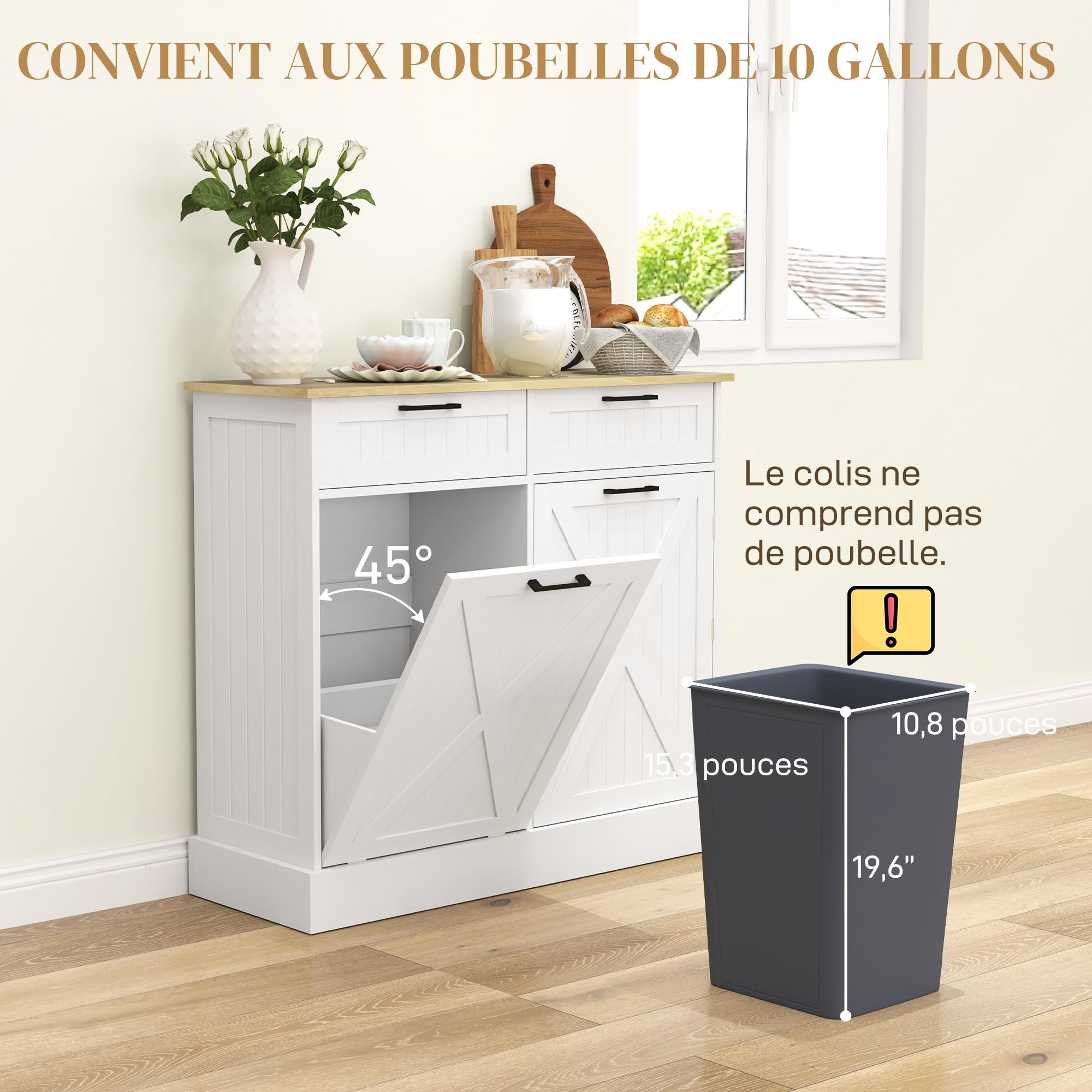 HOMCOM Buffet Cuisine avec Meuble Poubelle 38L, 100 x 36 x 90 cm, Blanc