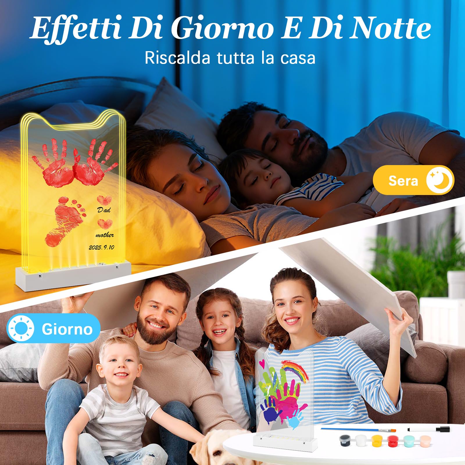 Herefun Kit Impronta Mani e Piedi Neonati per 4 Persone, Kit Impronte Mani Famiglia Con Base LED Illuminata, Neonati Ideale Regalo per Nascita, Nuovi Genitori, Battesimo Bimbo (B)